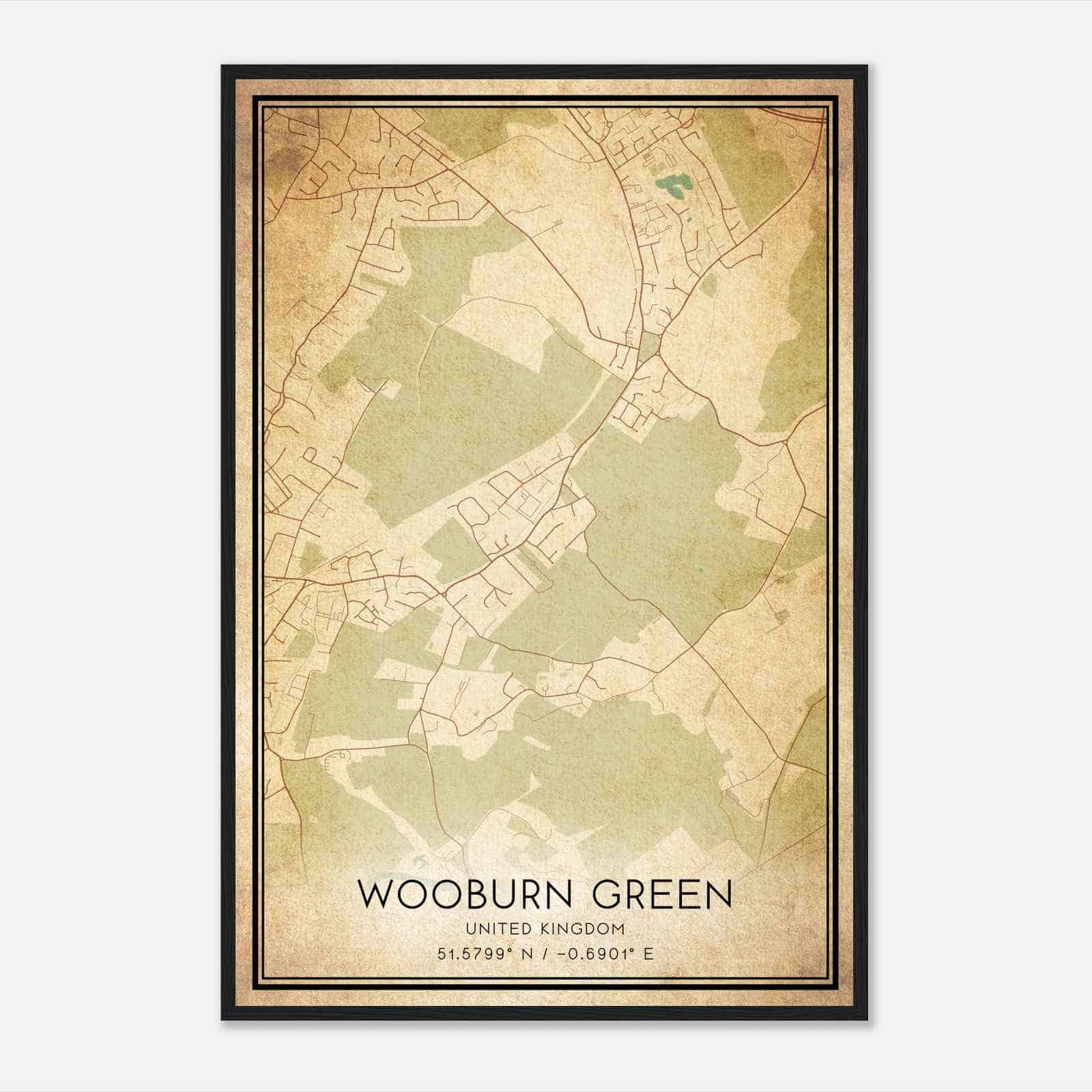 Vintage Wooburn United Kingdom Map Poster, Wooburn City Road Wall Art Print