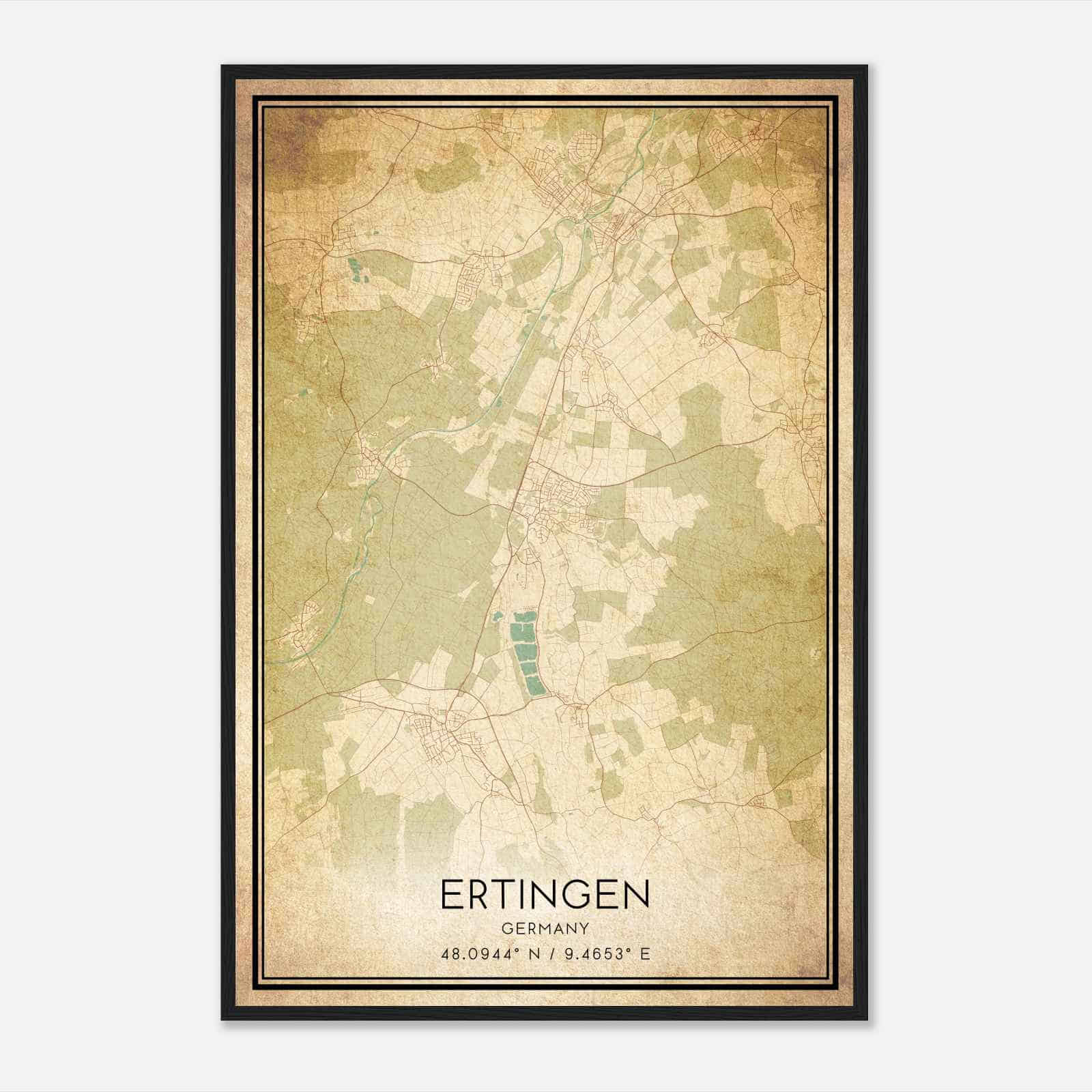 Vintage Ertingen Germany Map Poster, Ertingen City Road Wall Art Print