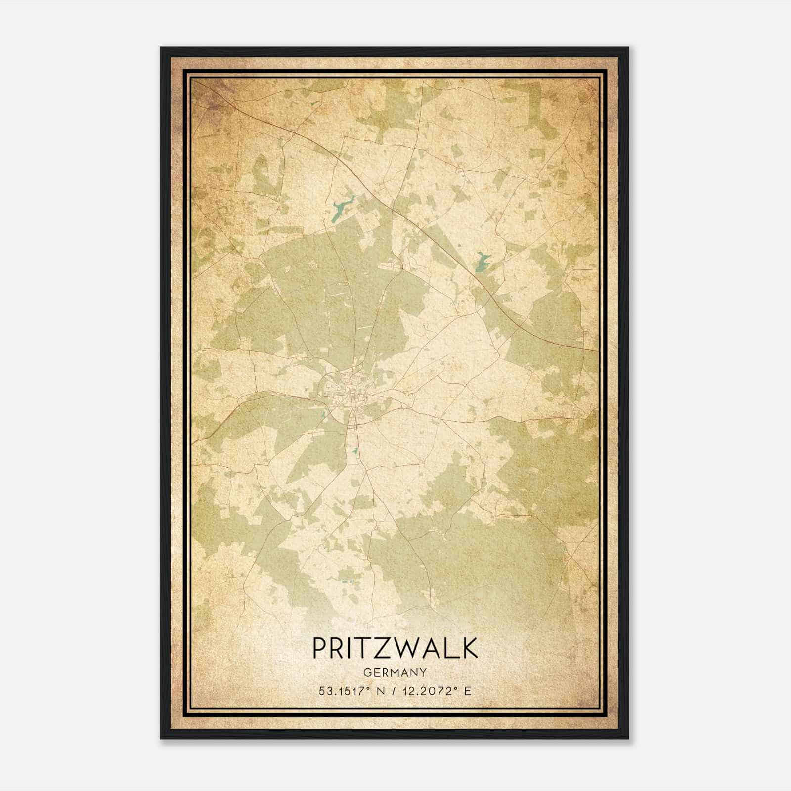 Vintage Pritzwalk Germany Map Poster, Pritzwalk City Road Wall Art Print