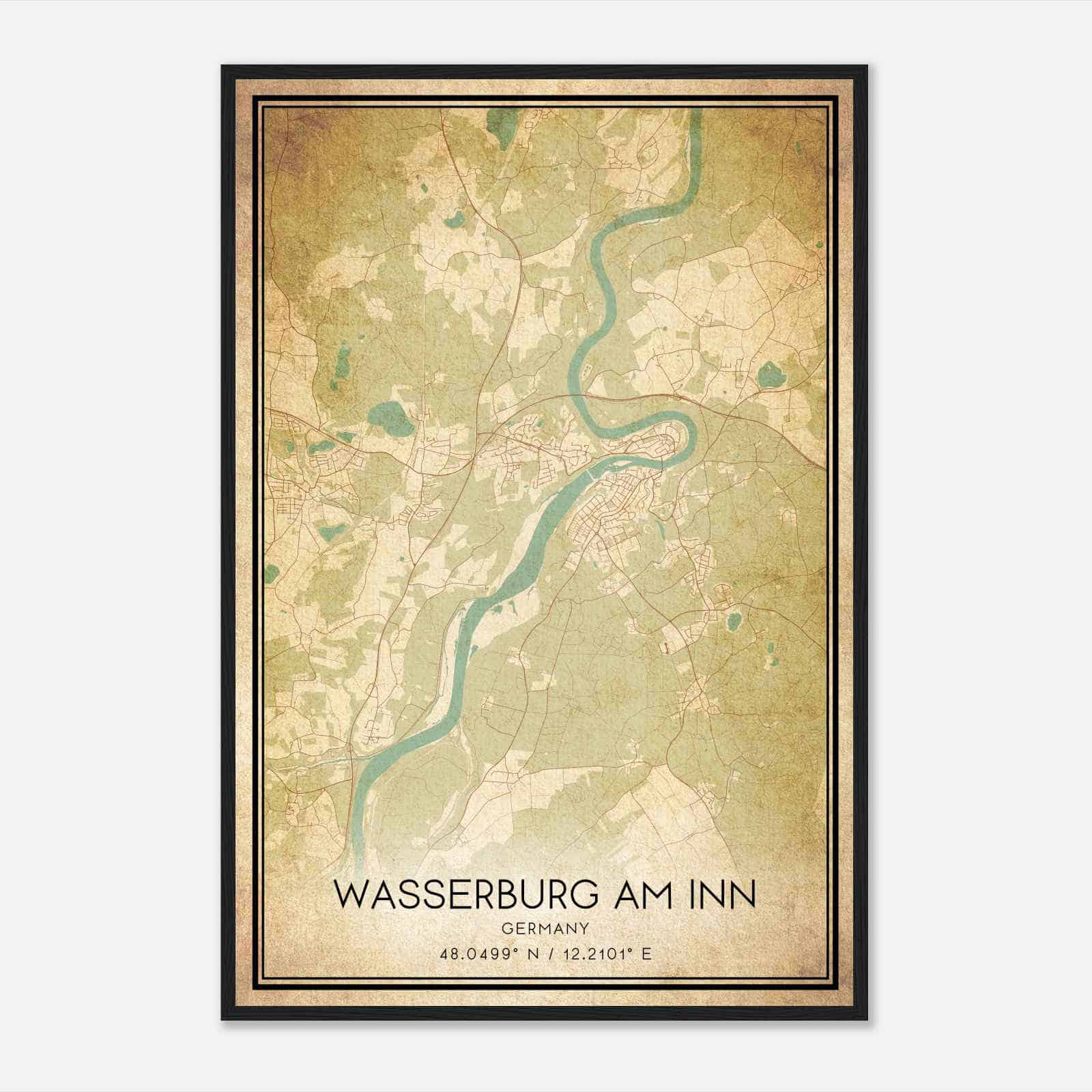 Vintage Wasserburg am Inn Germany Map Poster, Wasserburg am Inn City Road Wall Art Print