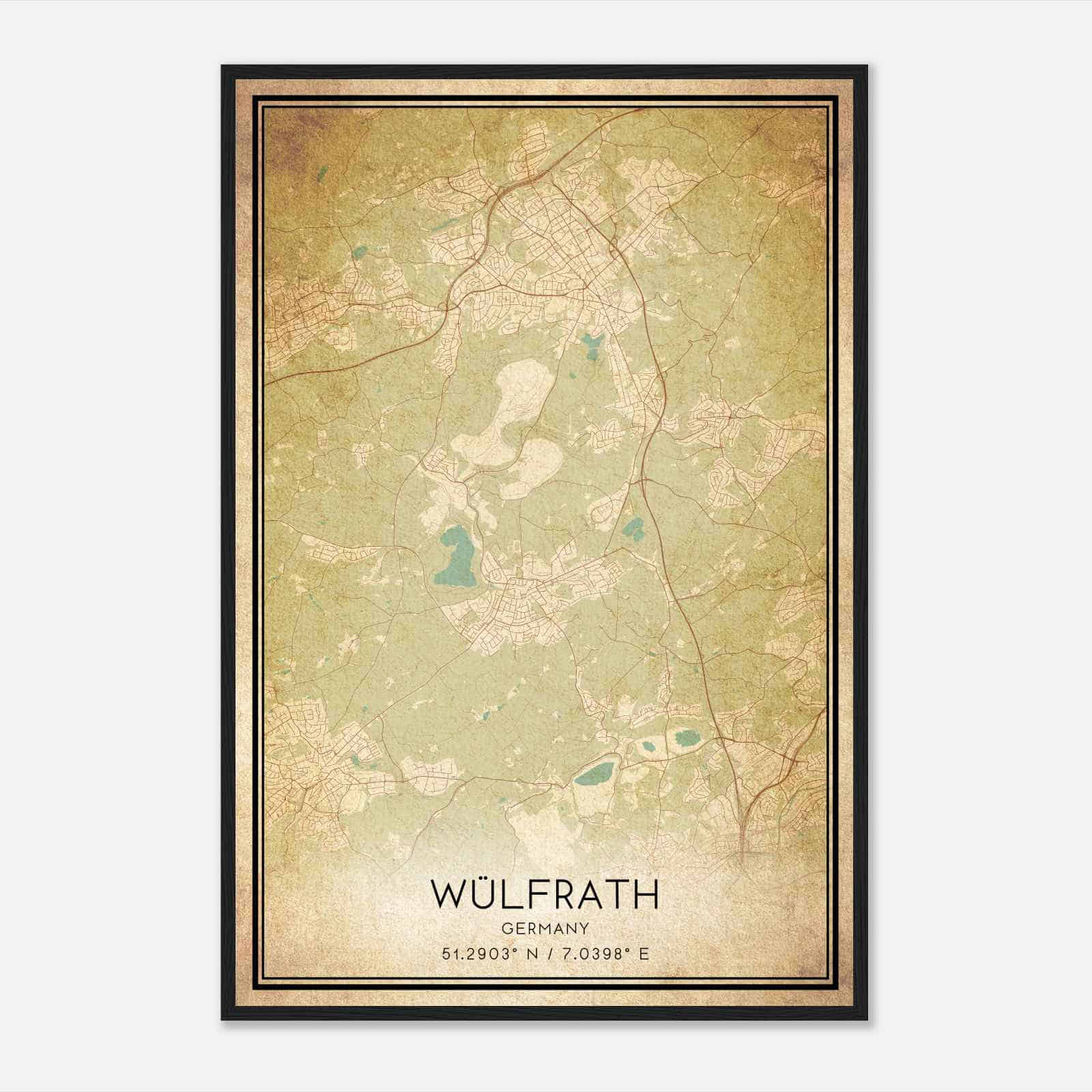 Vintage Wulfrath Germany Map Poster, Wulfrath City Road Wall Art Print