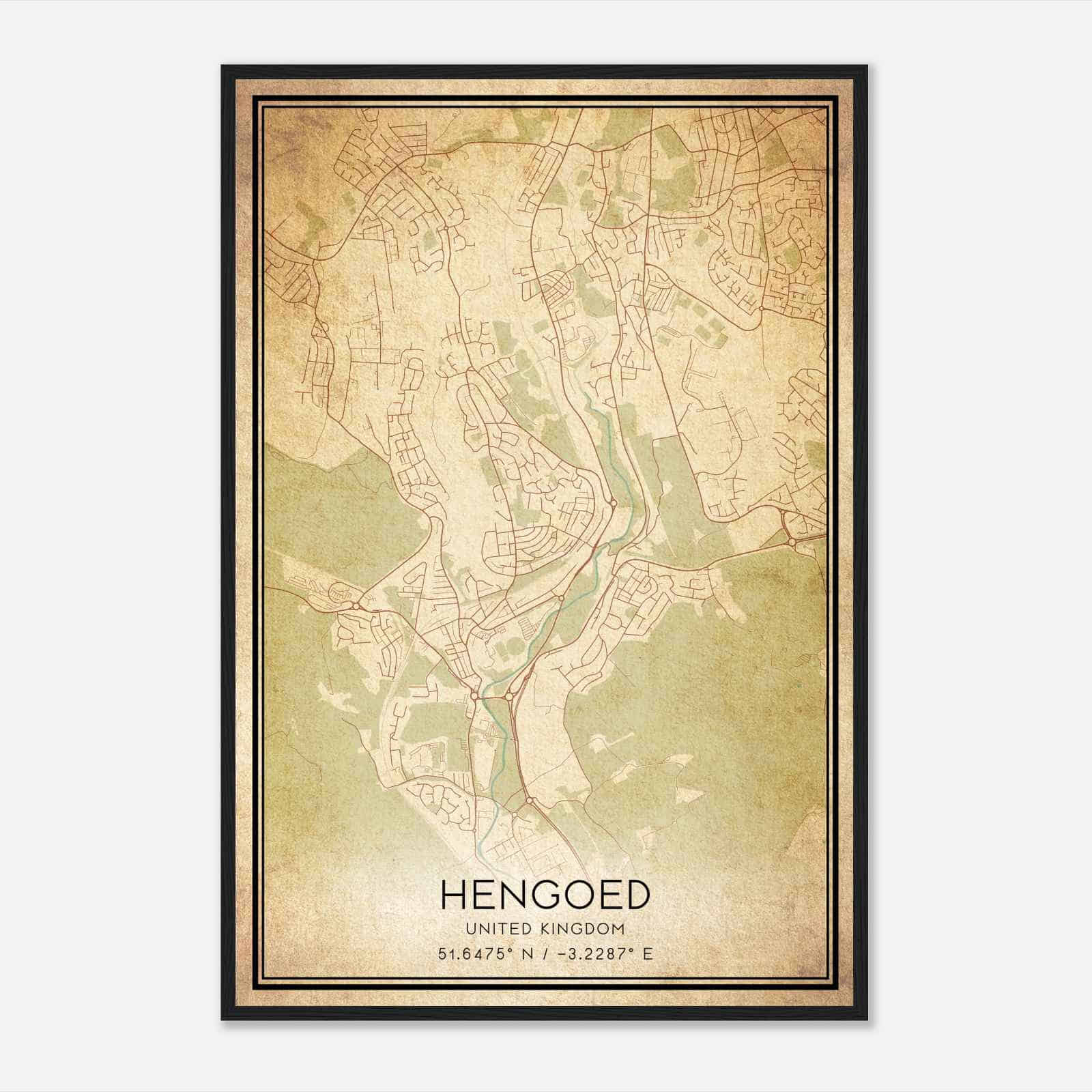Vintage Hengoed United Kingdom Map Poster, Hengoed City Road Wall Art Print