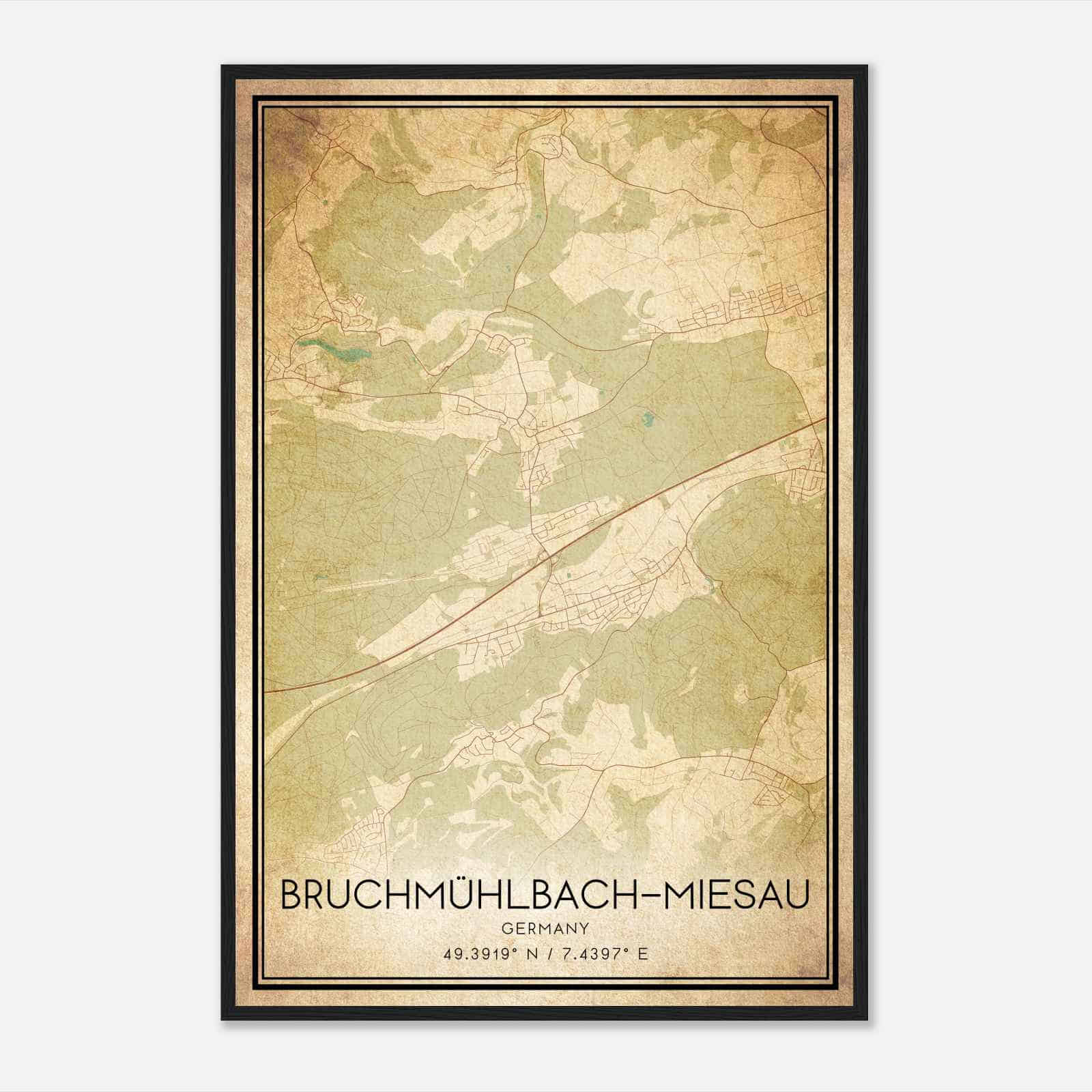 Vintage Bruchmuhlbach-Miesau Germany Map Poster, Bruchmuhlbach-Miesau City Road Wall Art Print
