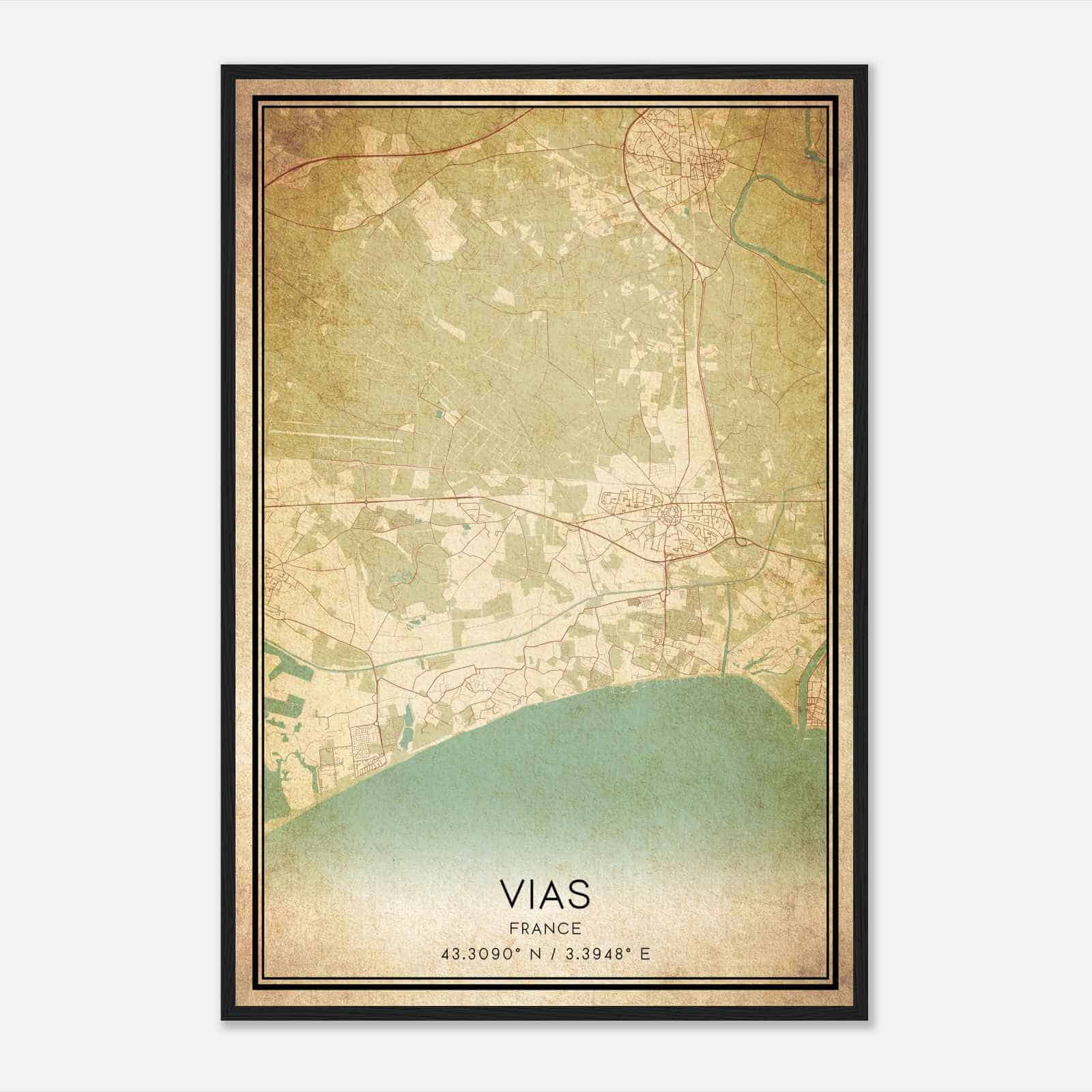 Vintage Vias France Map Poster, Vias City Road Wall Art Print