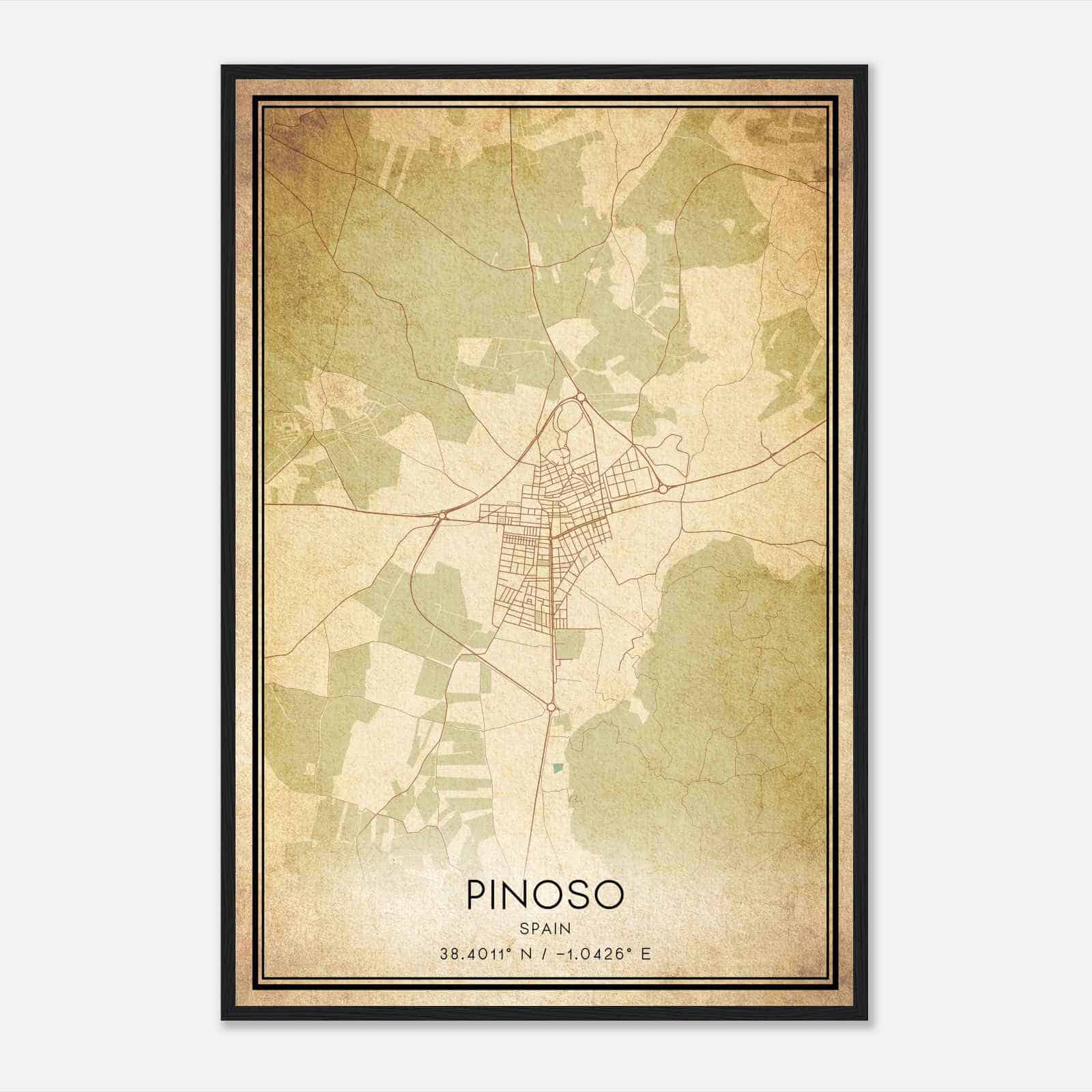 Vintage Pinoso Spain Map Poster, Pinoso City Road Wall Art Print