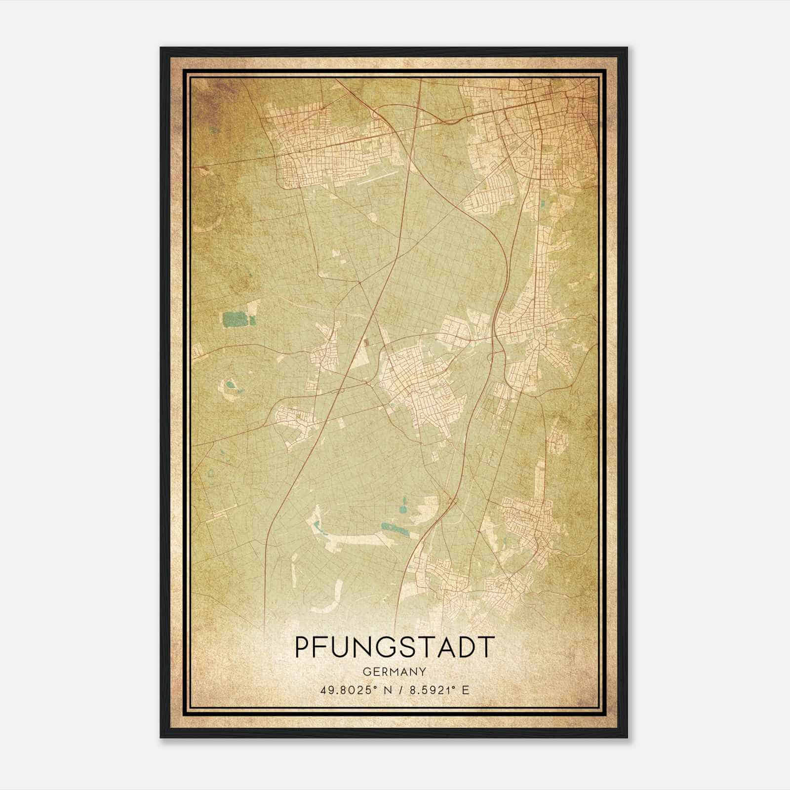 Vintage Pfungstadt Germany Map Poster, Pfungstadt City Road Wall Art Print