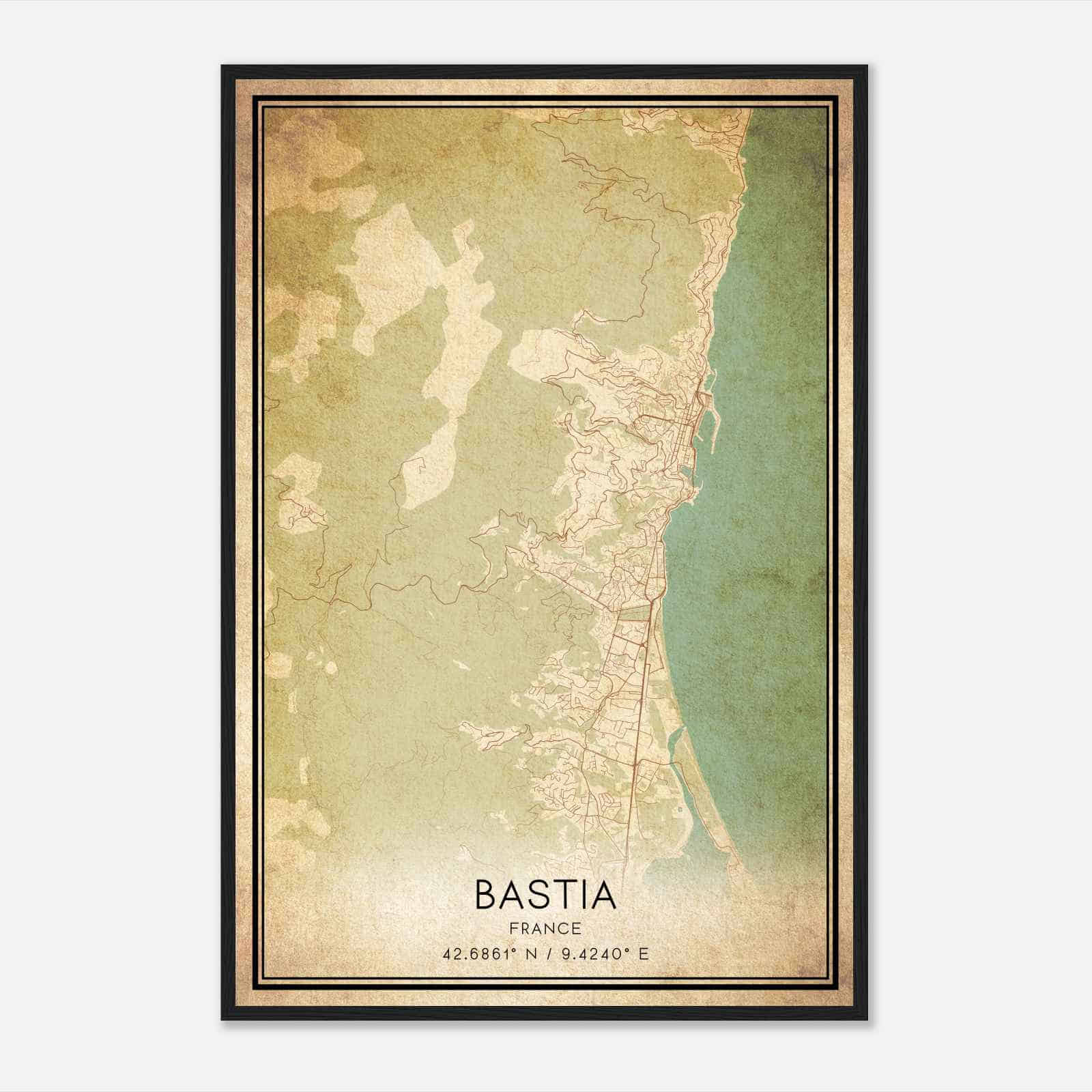 Vintage Bastia France Map Poster, Bastia City Road Wall Art Print