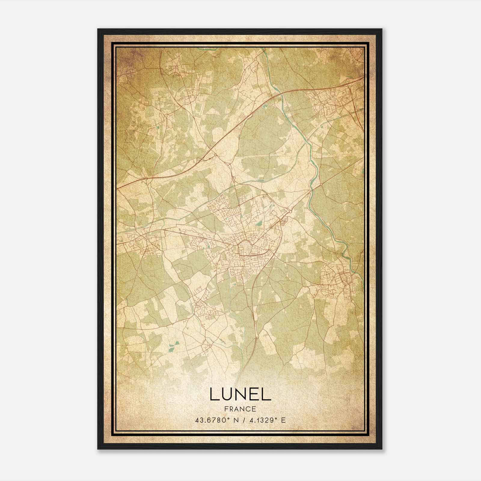 Vintage Lunel France Map Poster, Lunel City Road Wall Art Print