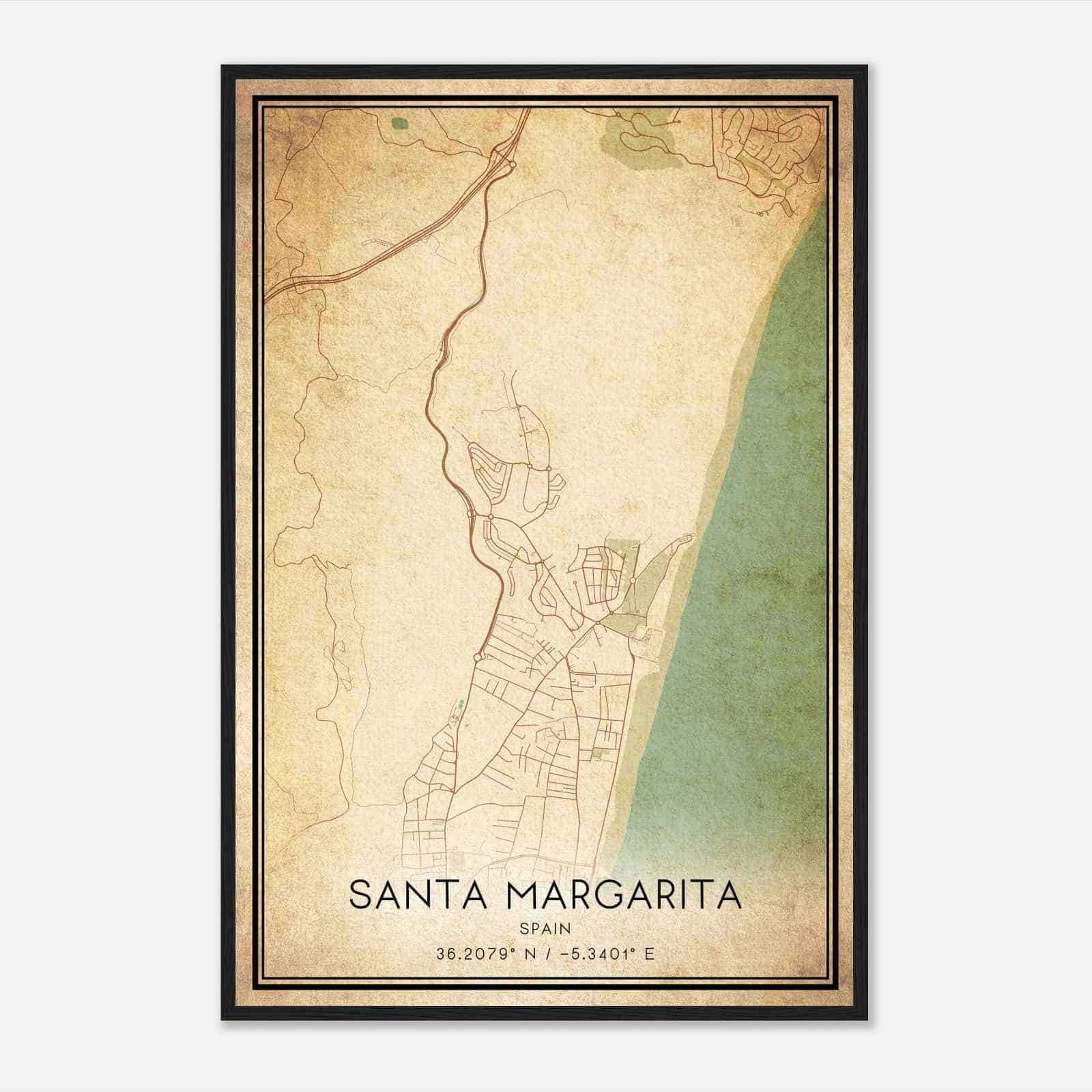 Vintage Santa Margarita Spain Map Poster, Santa Margarita City Road Wall Art Print