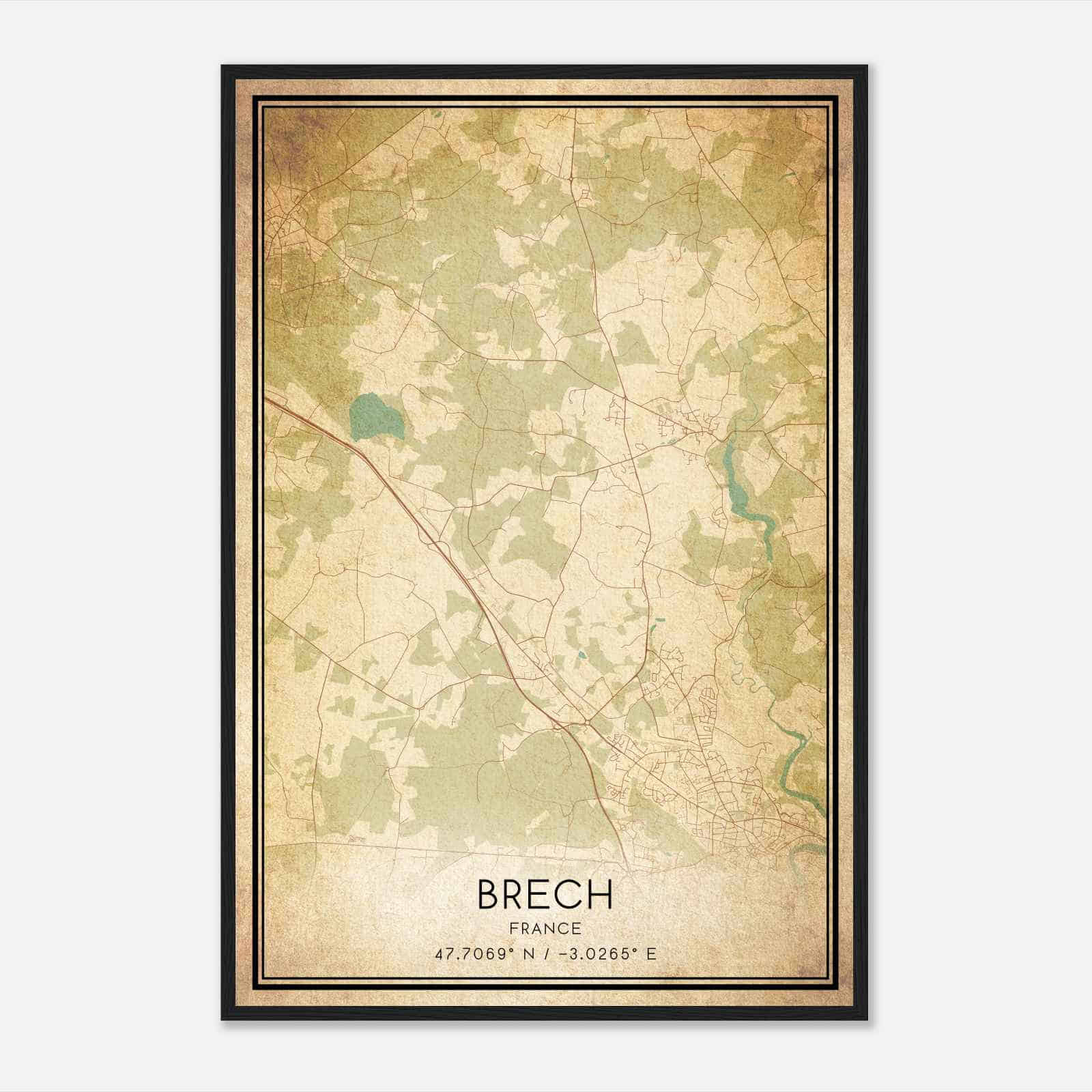 Vintage Brech France Map Poster, Brech City Road Wall Art Print