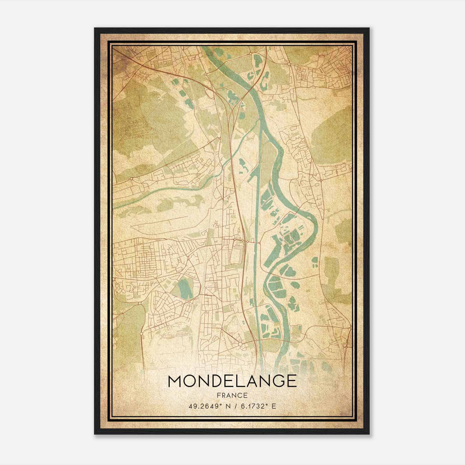 Vintage Mondelange France Map Poster, Mondelange City Road Wall Art Print