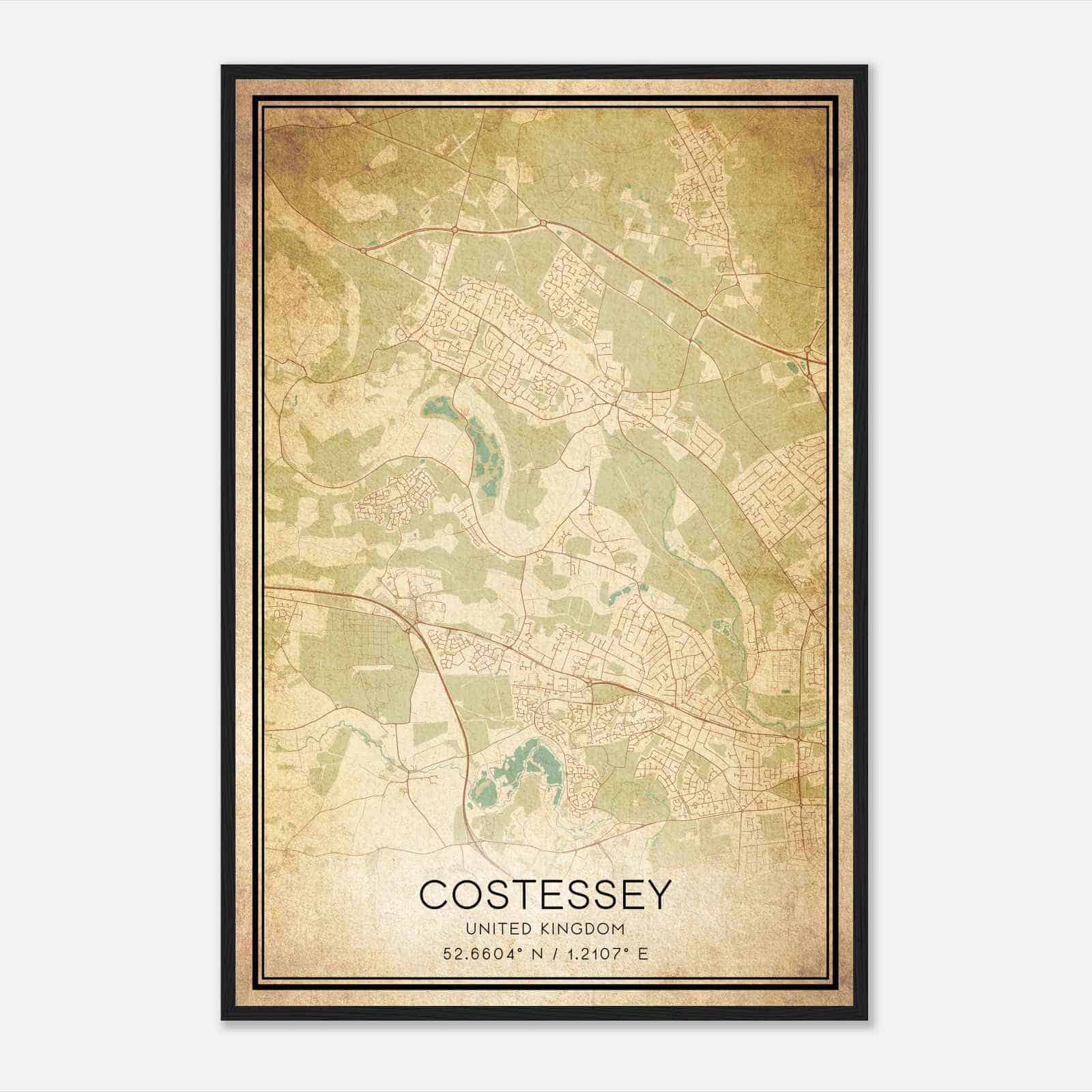 Vintage Costessey United Kingdom Map Poster, Costessey City Road Wall Art Print