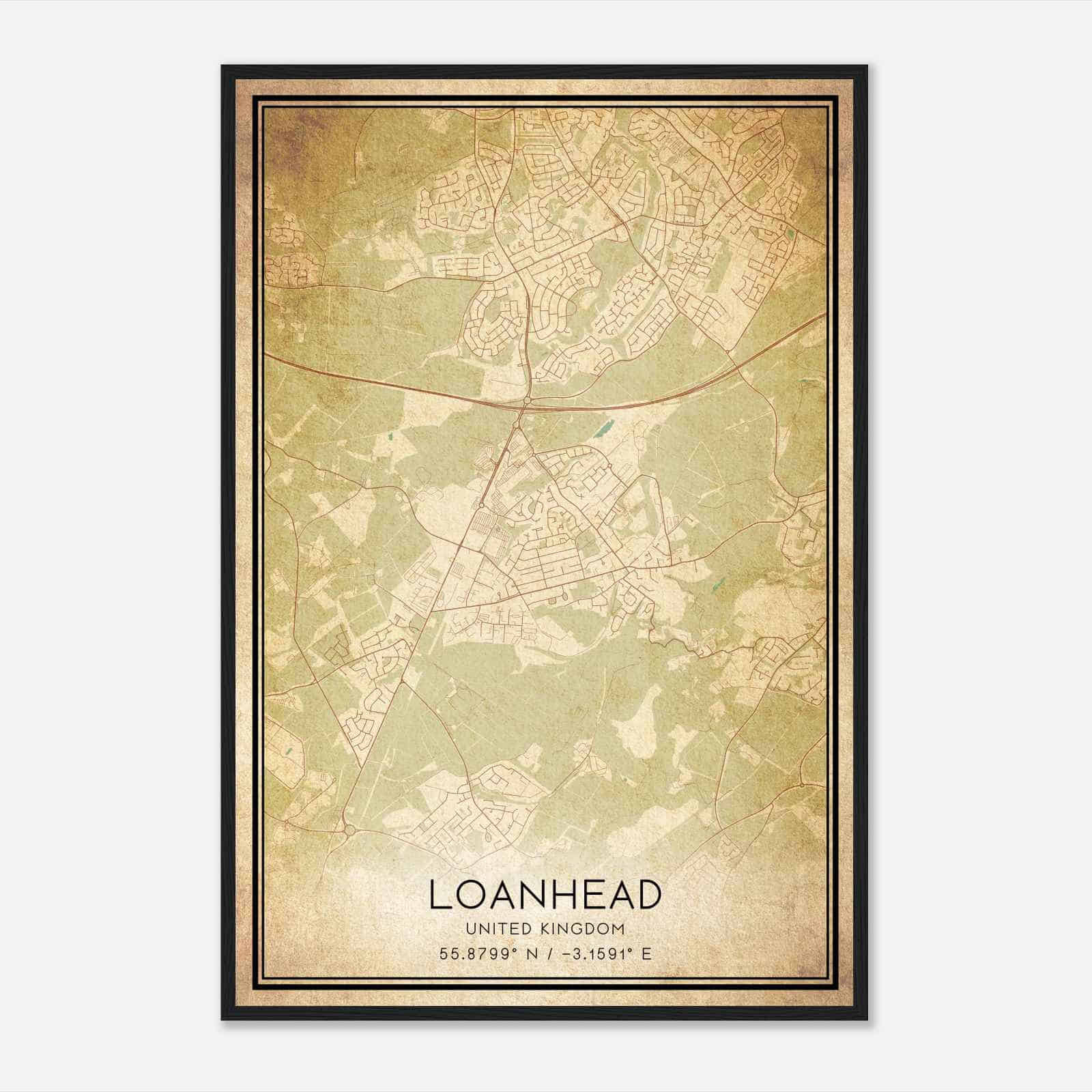 Vintage Loanhead United Kingdom Map Poster, Loanhead City Road Wall Art Print