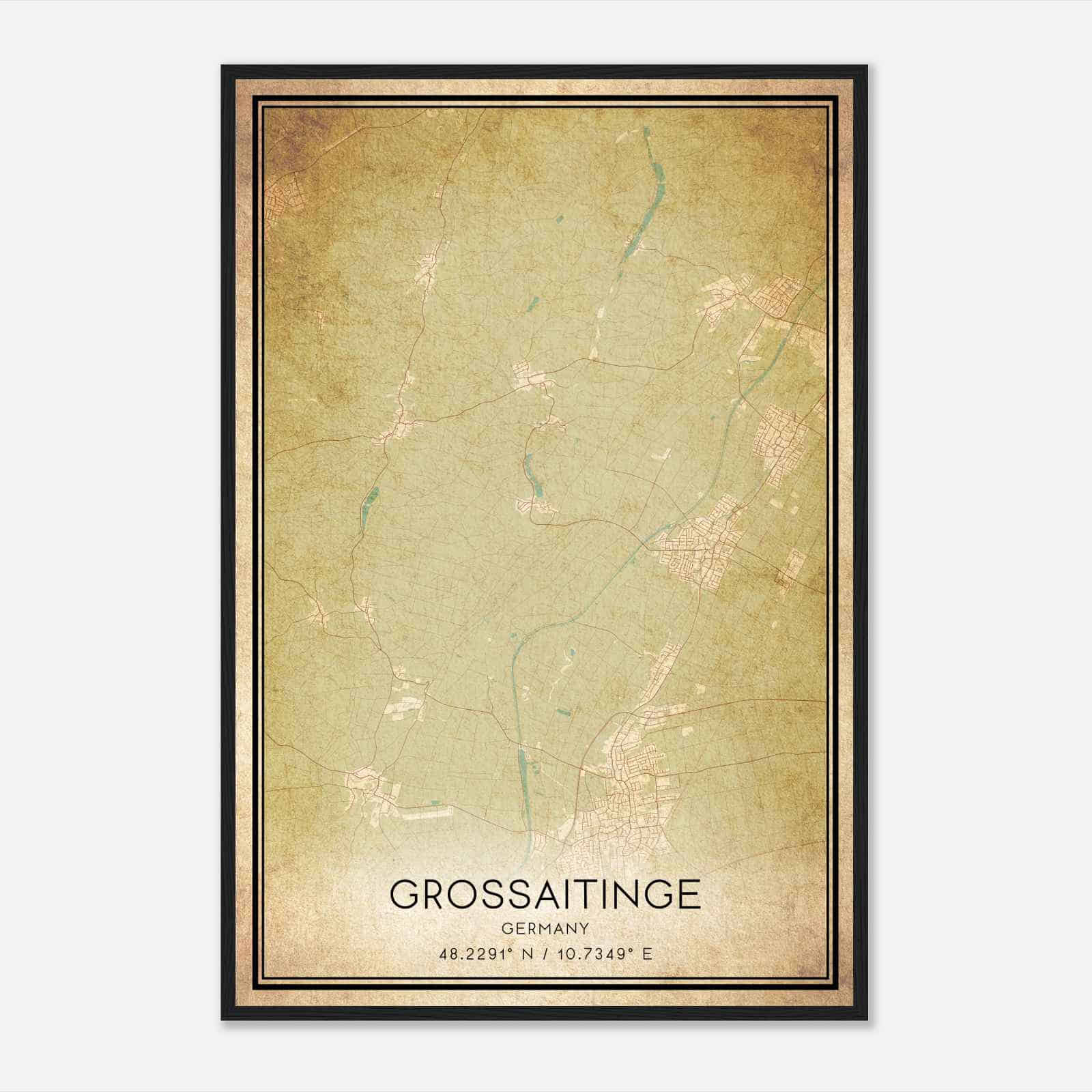 Vintage Grossaitingen Germany Map Poster, Grossaitingen City Road Wall Art Print
