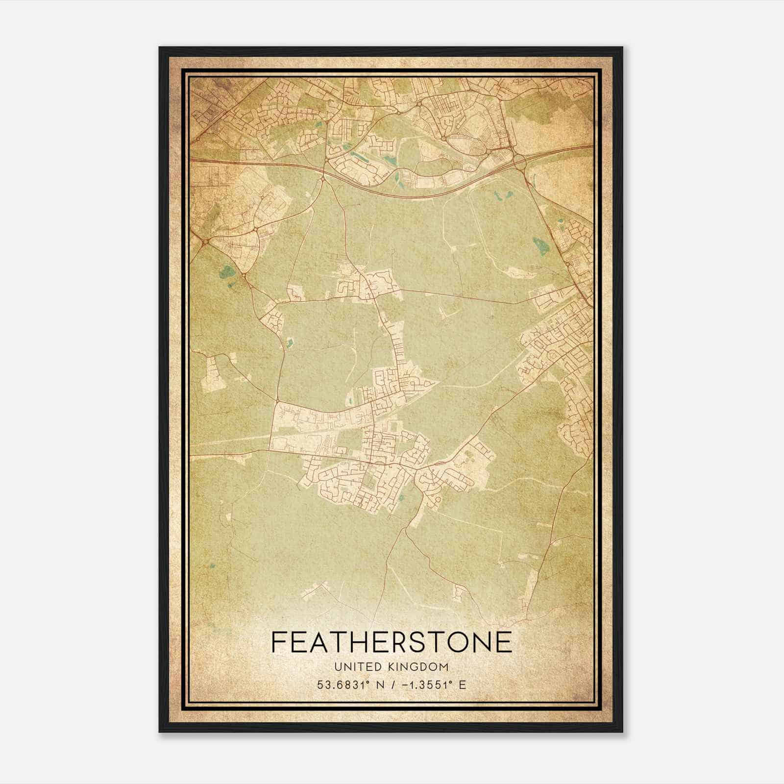 Vintage Featherstone United Kingdom Map Poster, Featherstone City Road Wall Art Print