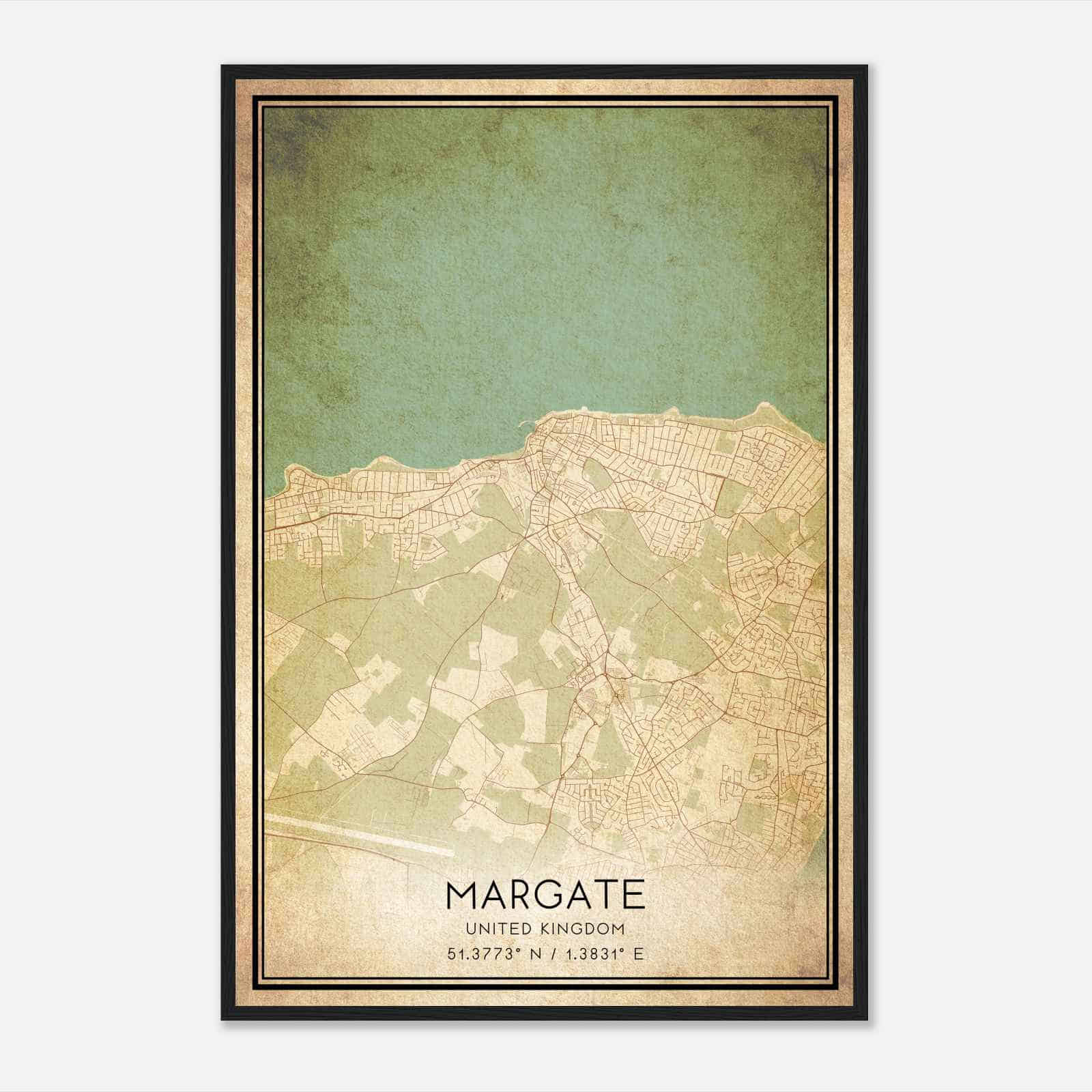 Vintage Margate United Kingdom Map Poster, Margate City Road Wall Art Print