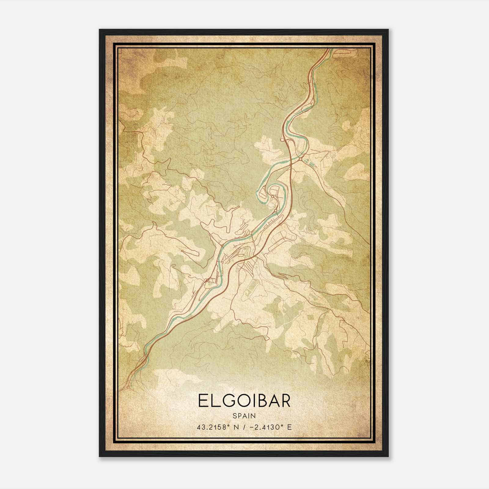 Vintage Elgoibar Spain Map Poster, Elgoibar City Road Wall Art Print