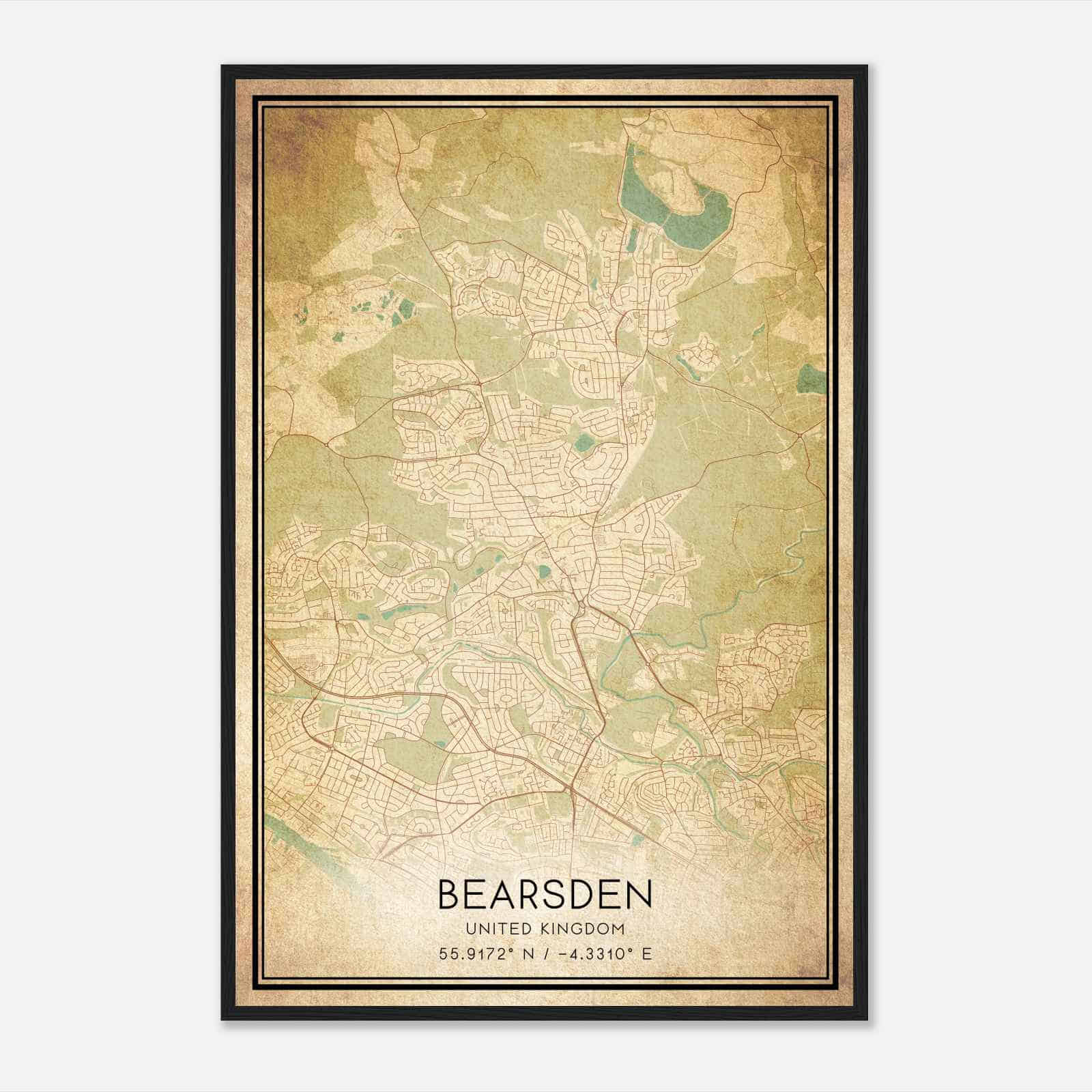Vintage Bearsden United Kingdom Map Poster, Bearsden City Road Wall Art Print