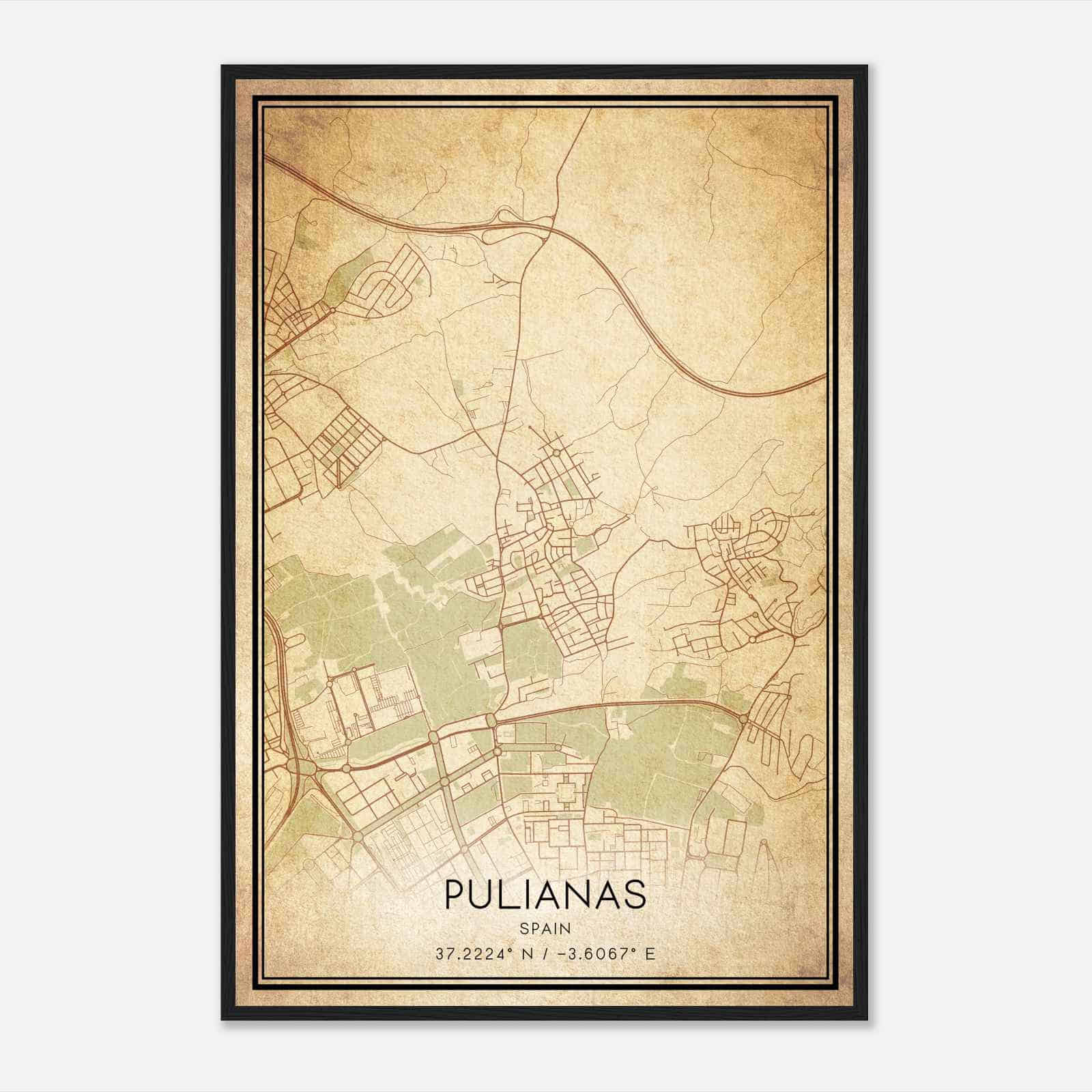 Vintage Pulianas Spain Map Poster, Pulianas City Road Wall Art Print
