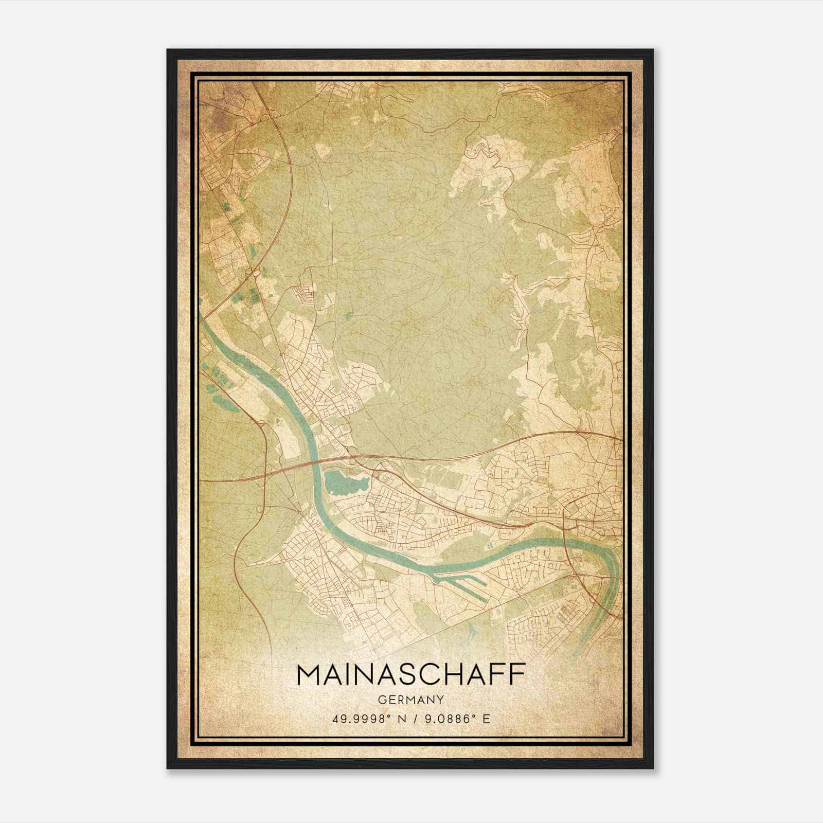 Vintage Mainaschaff Germany Map Poster, Mainaschaff City Road Wall Art Print