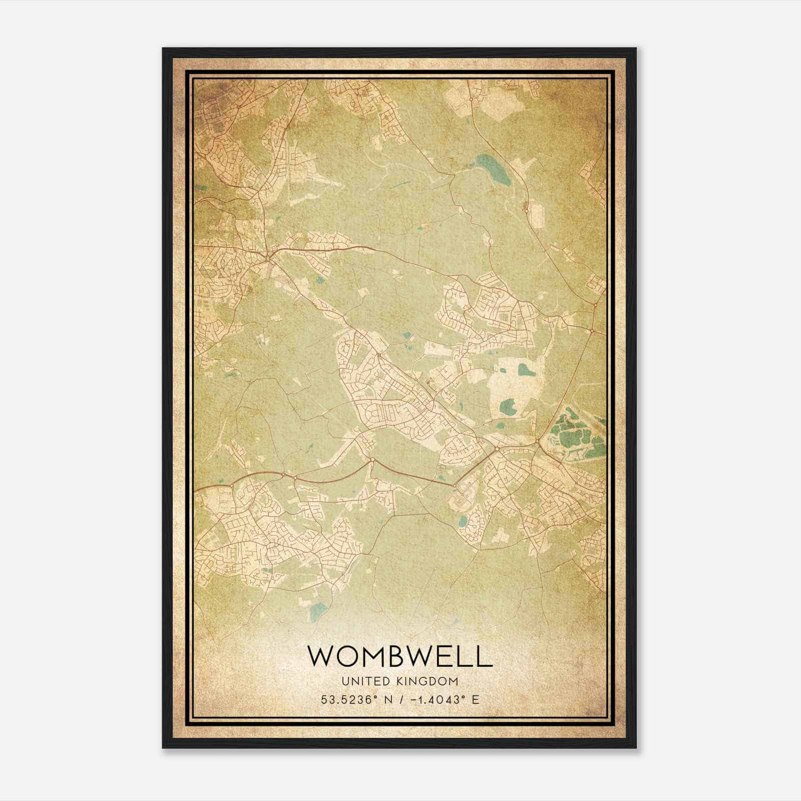 Vintage Wombwell United Kingdom Map Poster, Wombwell City Road Wall Art Print
