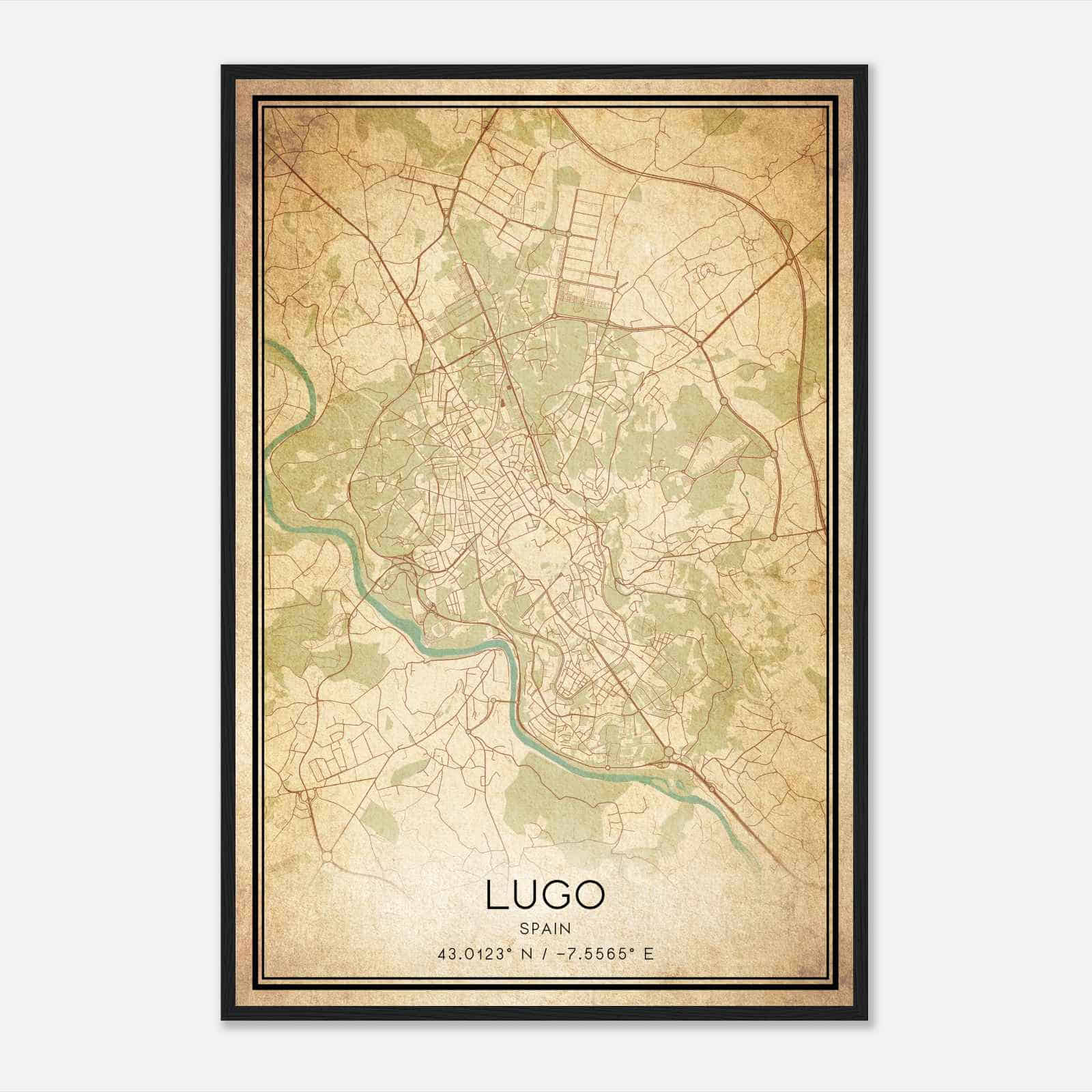 Vintage Lugo Spain Map Poster, Lugo City Road Wall Art Print