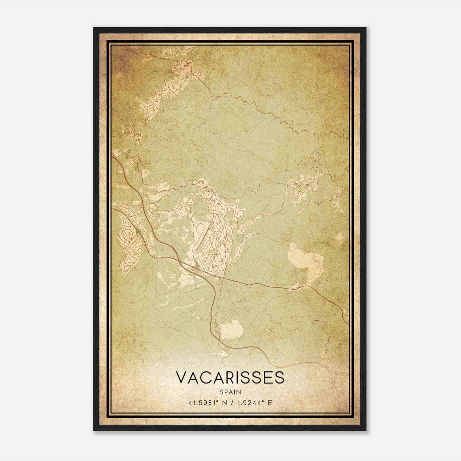 Vintage Vacarisas Spain Map Poster, Vacarisas City Road Wall Art Print