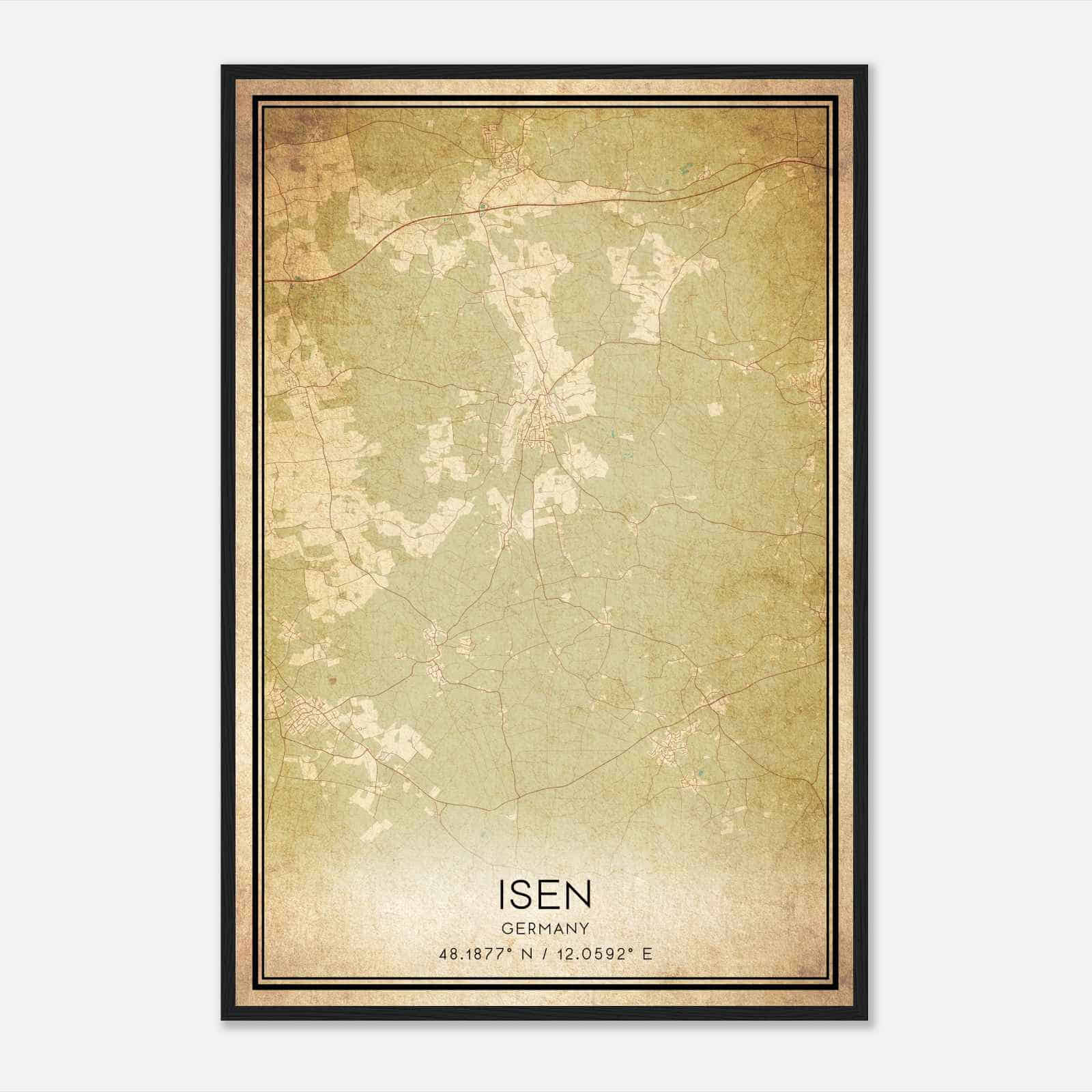 Vintage Isen Germany Map Poster, Isen City Road Wall Art Print