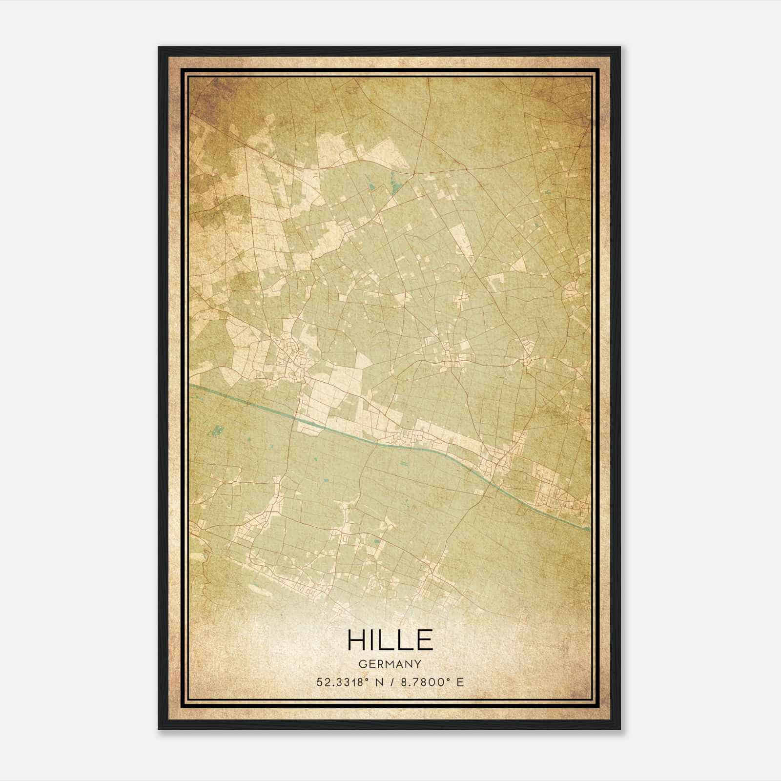 Vintage Hille Germany Map Poster, Hille City Road Wall Art Print