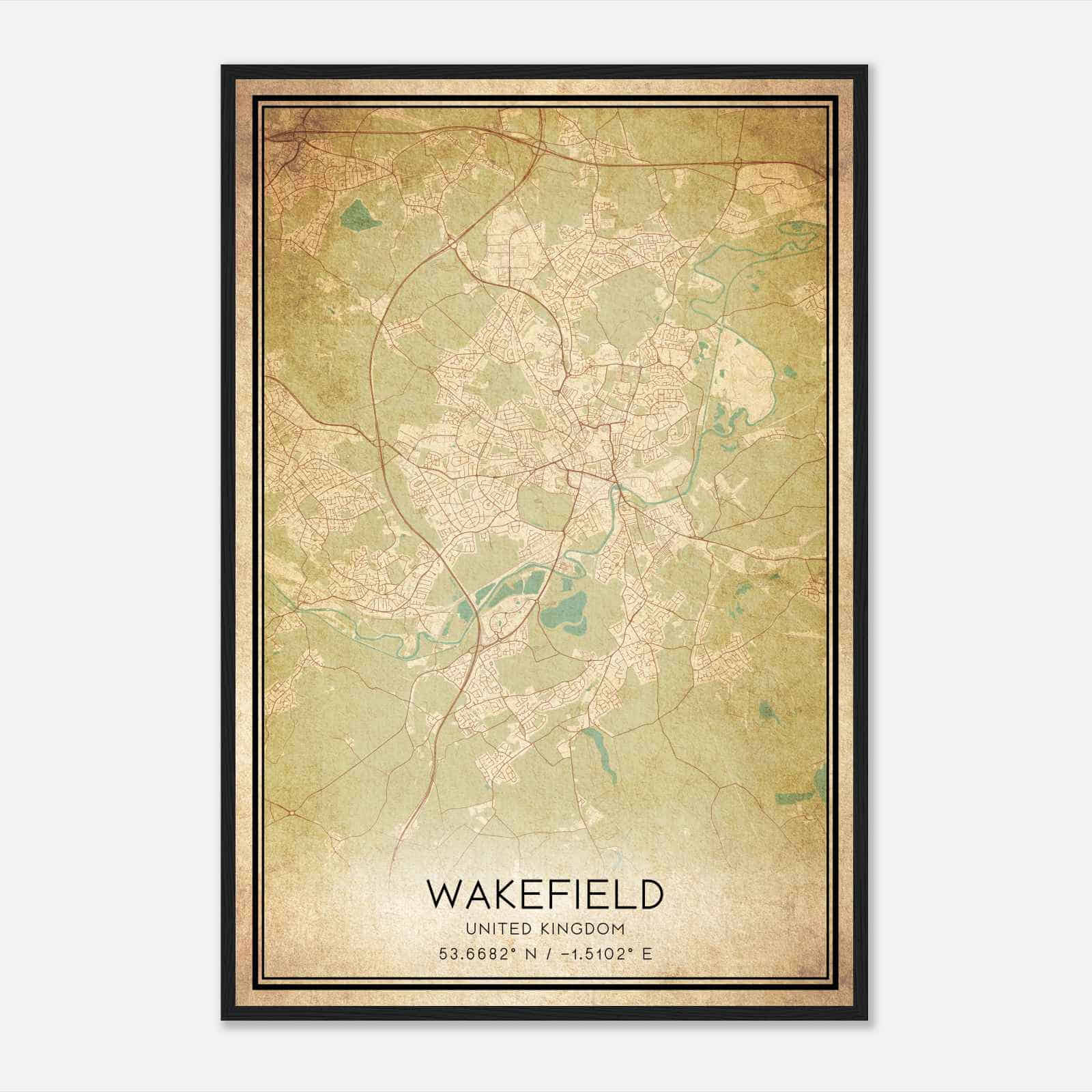 Vintage Wakefield United Kingdom Map Poster, Wakefield City Road Wall Art Print