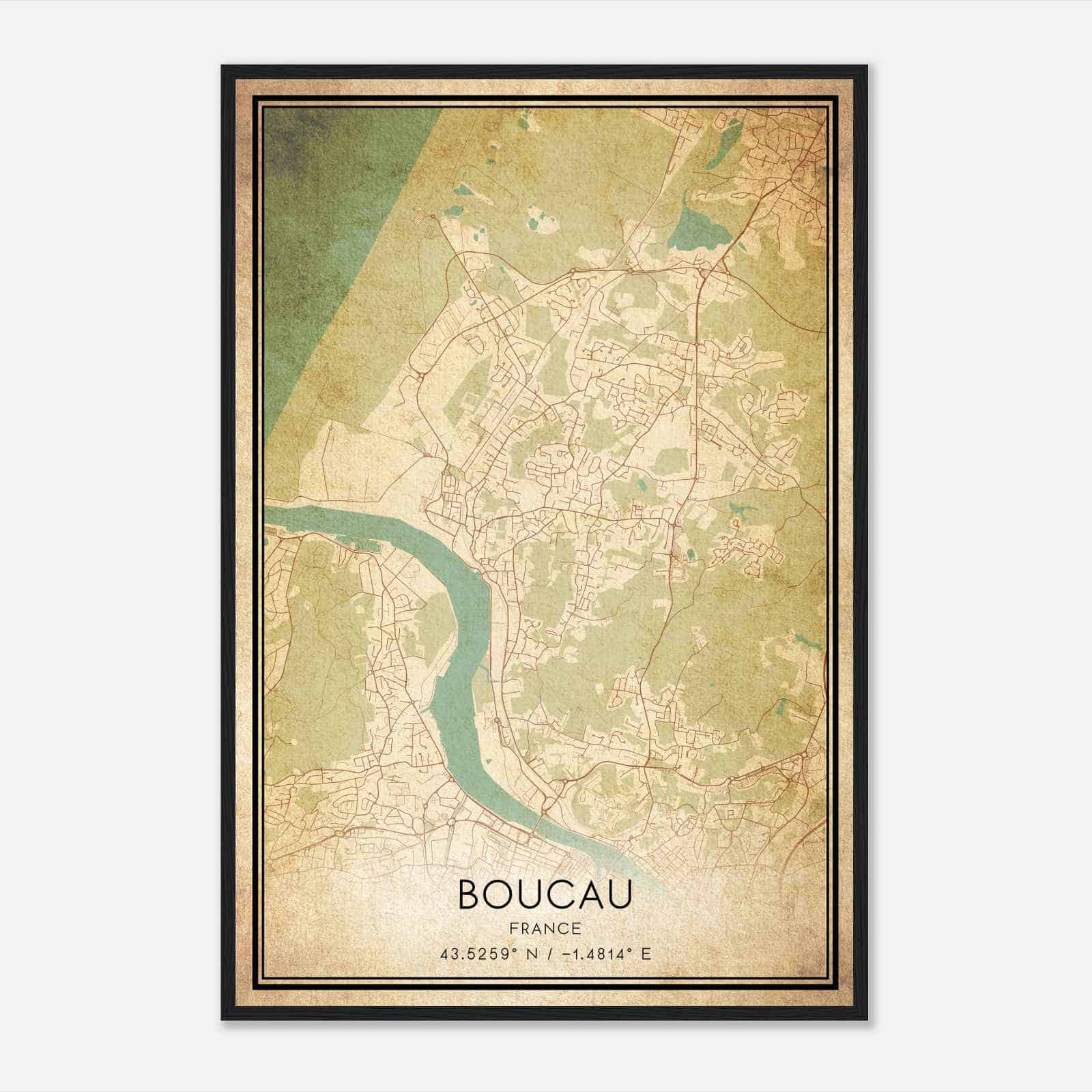 Vintage Boucau France Map Poster, Boucau City Road Wall Art Print