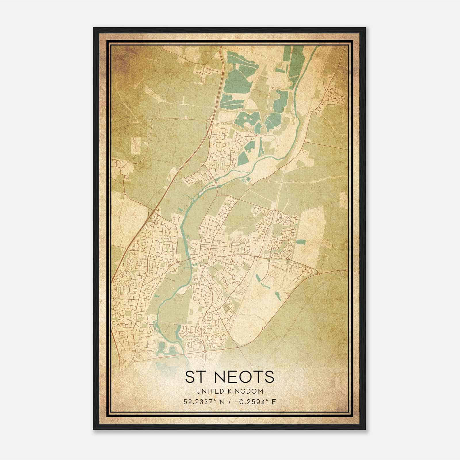 Vintage Saint Neots United Kingdom Map Poster, Saint Neots City Road Wall Art Print