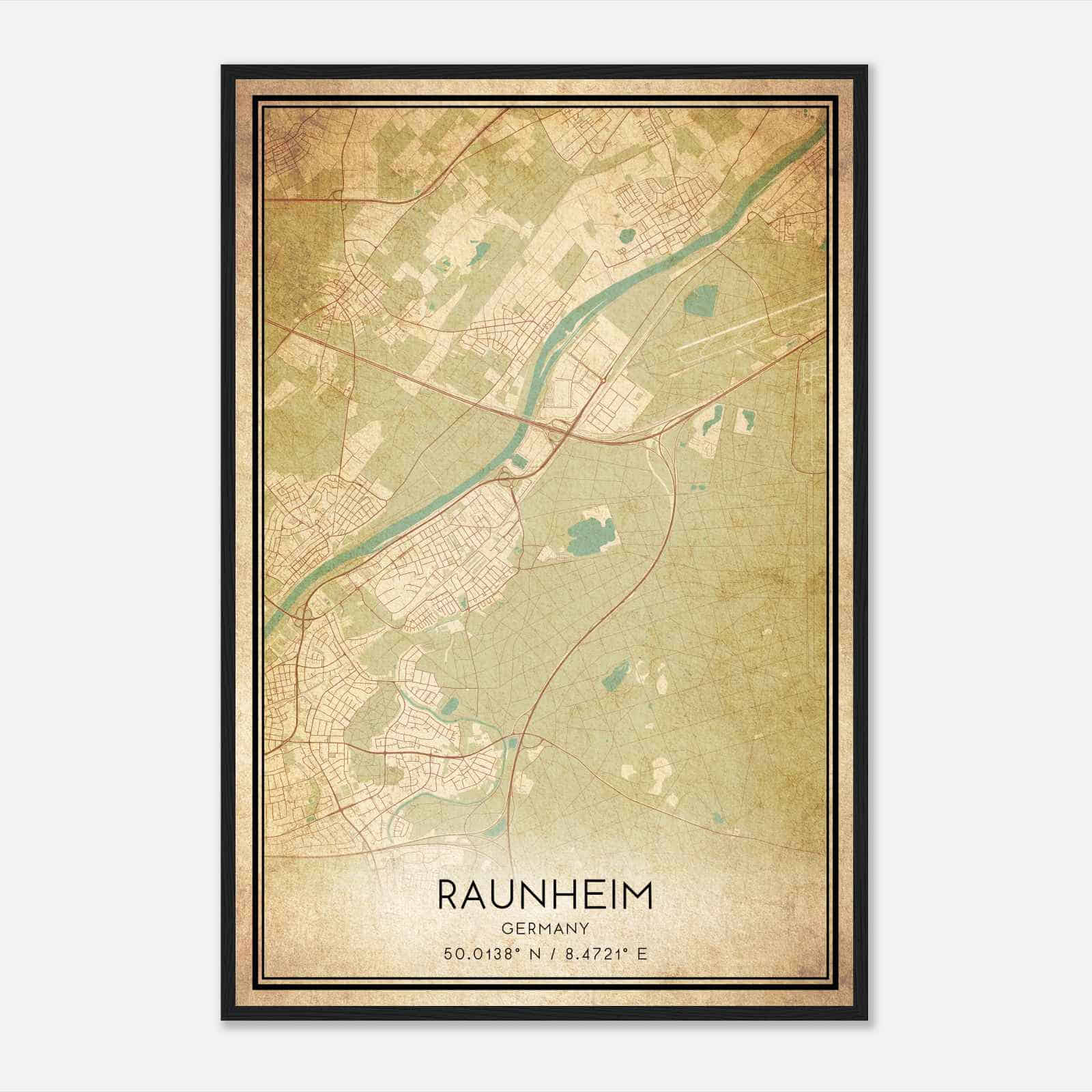 Vintage Raunheim Germany Map Poster, Raunheim City Road Wall Art Print