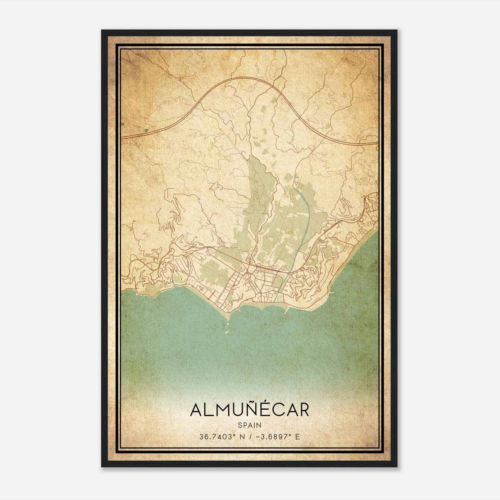 Vintage Almunecar Spain Map Poster, Almunecar City Road Wall Art Print