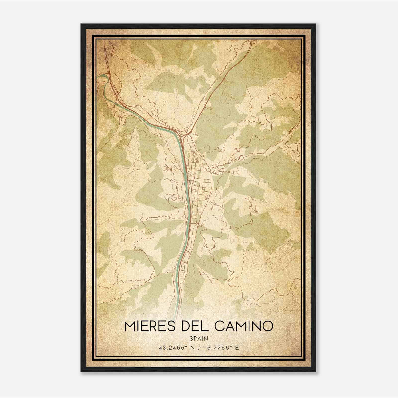 Vintage Mieres Spain Map Poster, Mieres City Road Wall Art Print