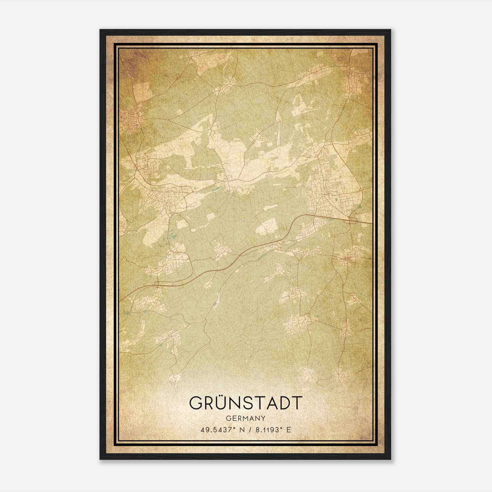 Vintage Grunstadt Germany Map Poster, Grunstadt City Road Wall Art Print