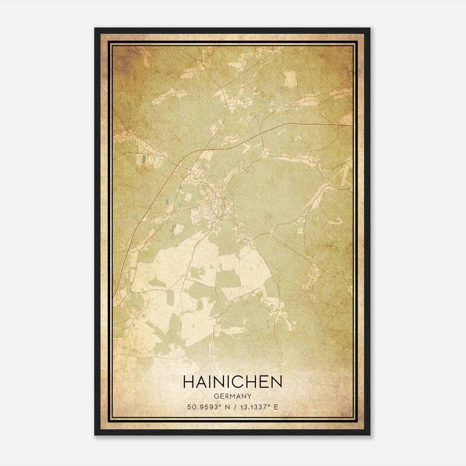 Vintage Hainichen Germany Map Poster, Hainichen City Road Wall Art Print