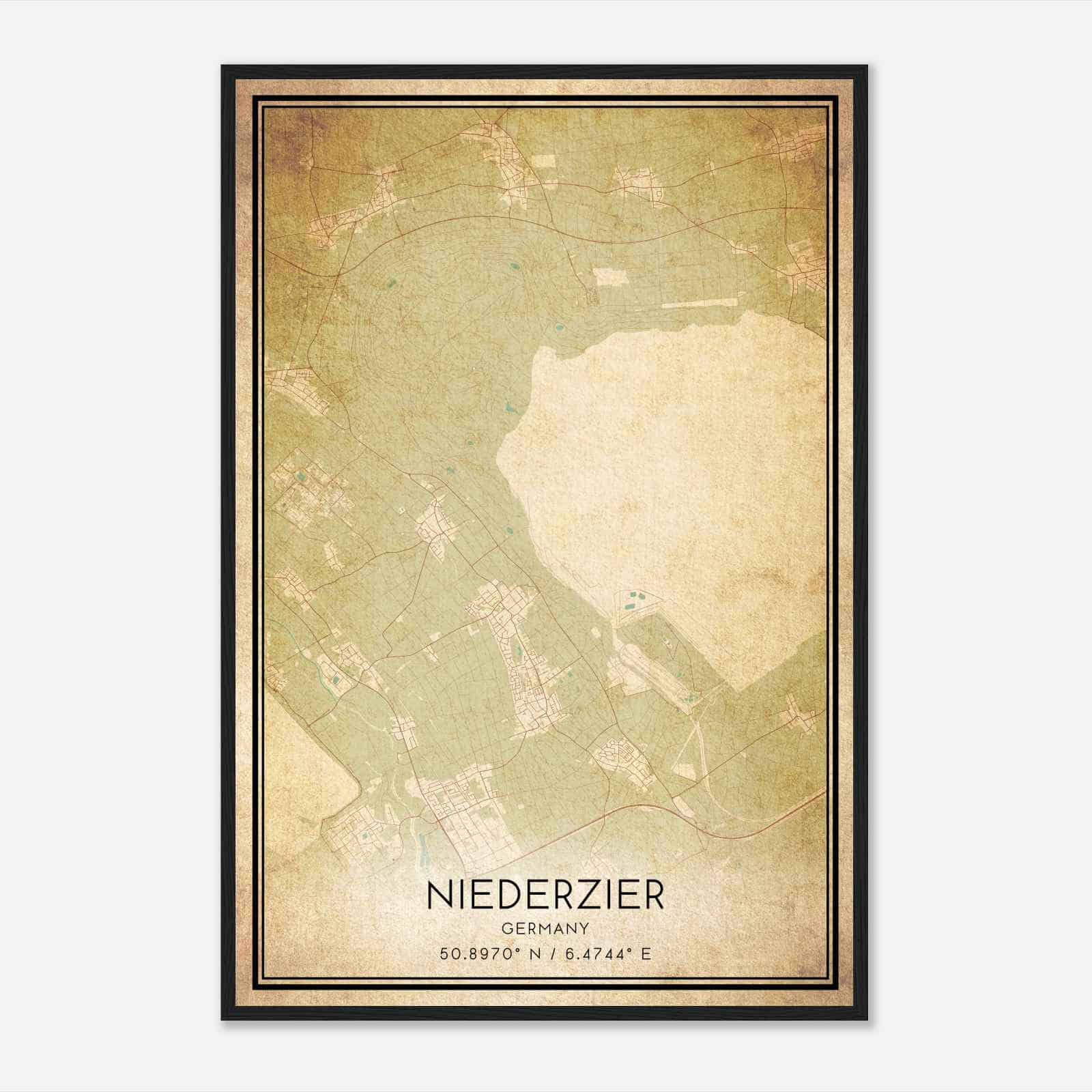 Vintage Niederzier Germany Map Poster, Niederzier City Road Wall Art Print