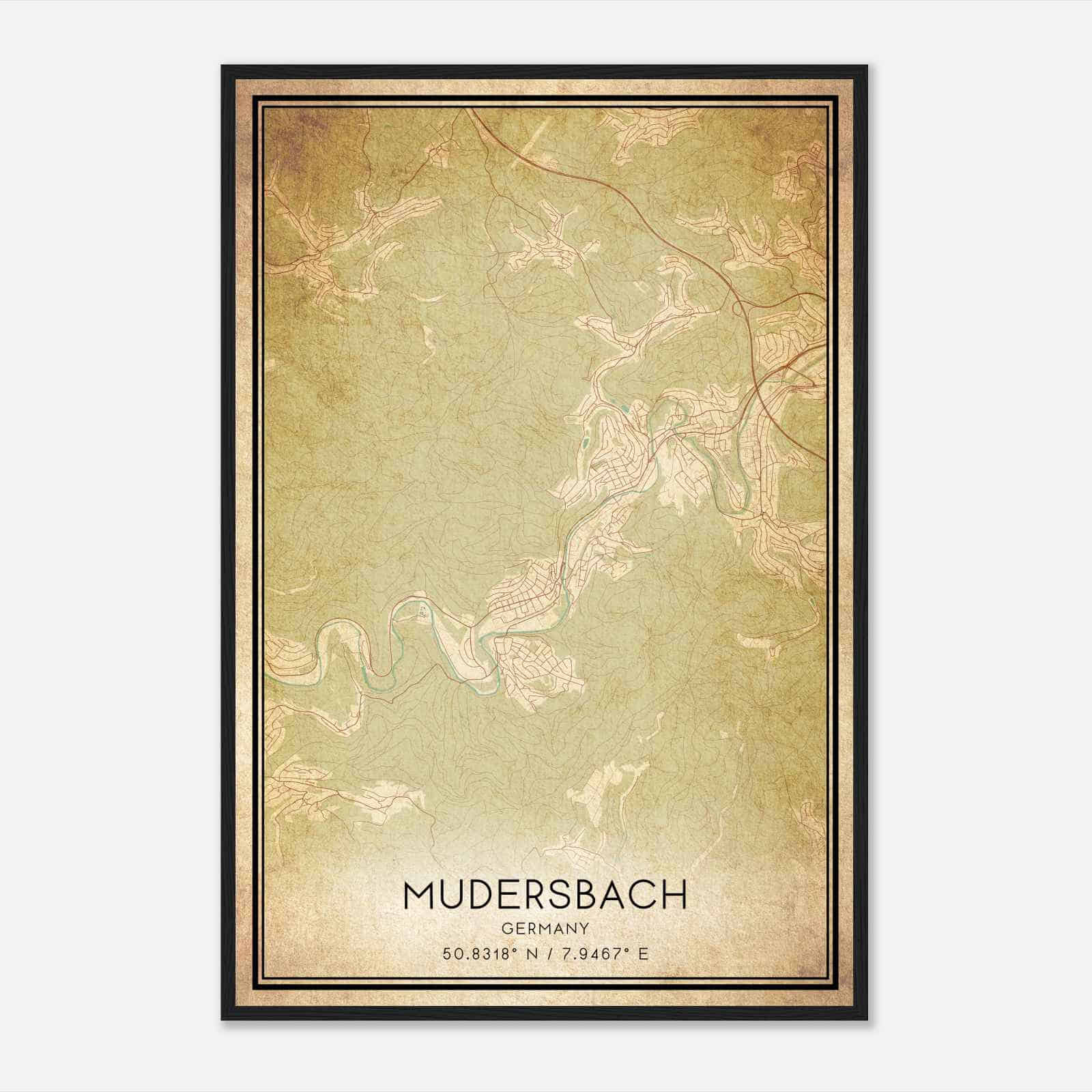 Vintage Mudersbach Germany Map Poster, Mudersbach City Road Wall Art Print