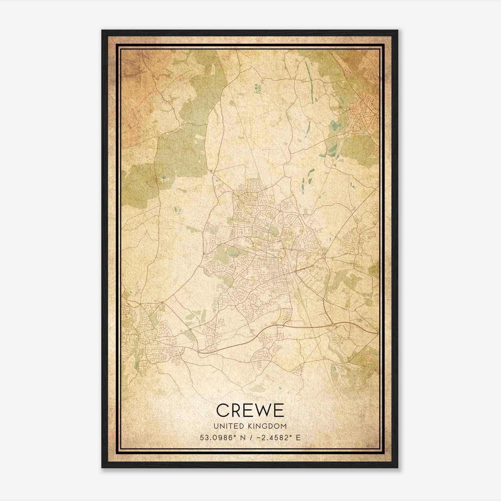 Vintage Crewe United Kingdom Map Poster, Crewe City Road Wall Art Print