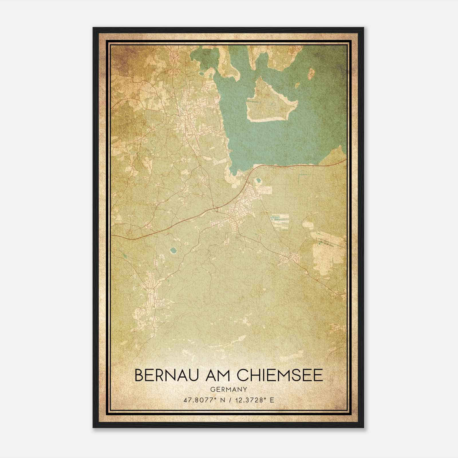 Vintage Bernau am Chiemsee Germany Map Poster, Bernau am Chiemsee City Road Wall Art Print
