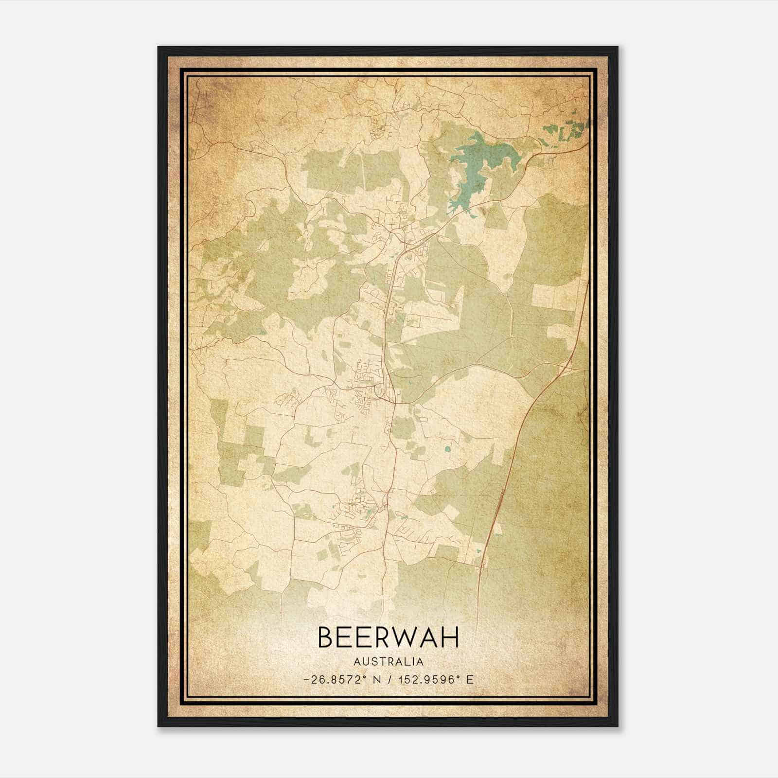 Vintage Beerwah Australia Map Poster, Beerwah City Road Wall Art Print Vintage Beerwah Australia Map Poster, Beerwah City Road Wall Art Print