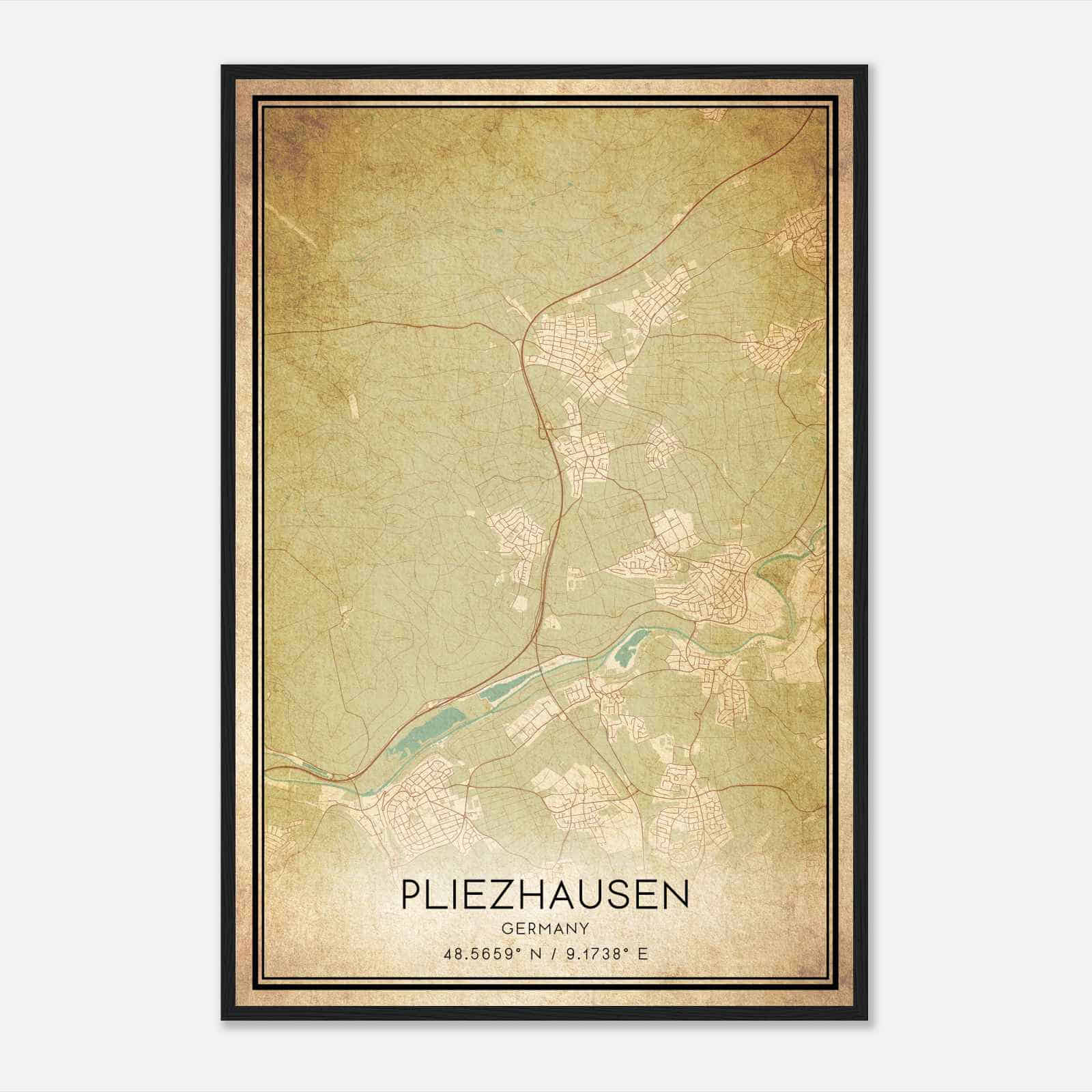 Vintage Pliezhausen Germany Map Poster, Pliezhausen City Road Wall Art Print