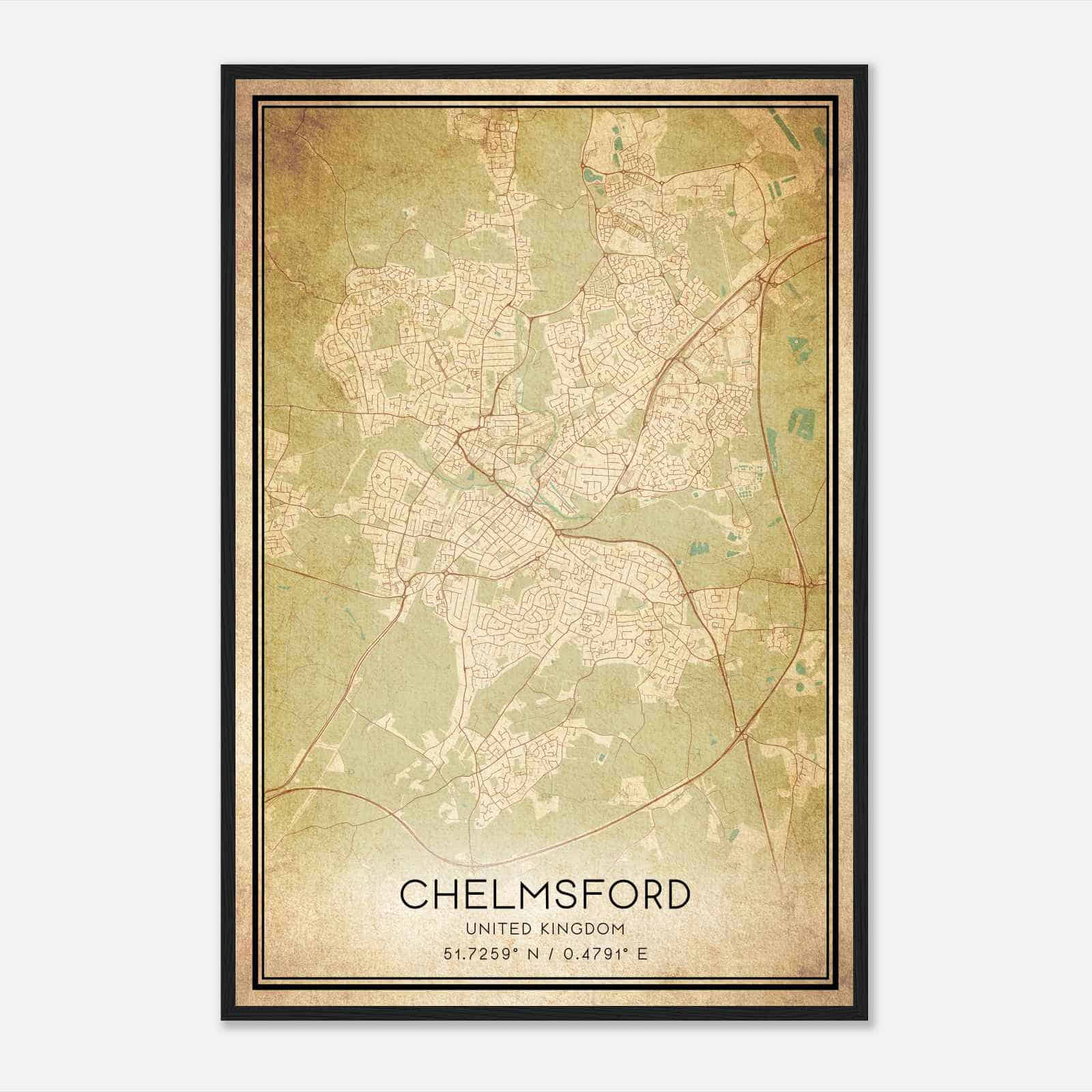 Vintage Chelmsford United Kingdom Map Poster, Chelmsford City Road Wall Art Print