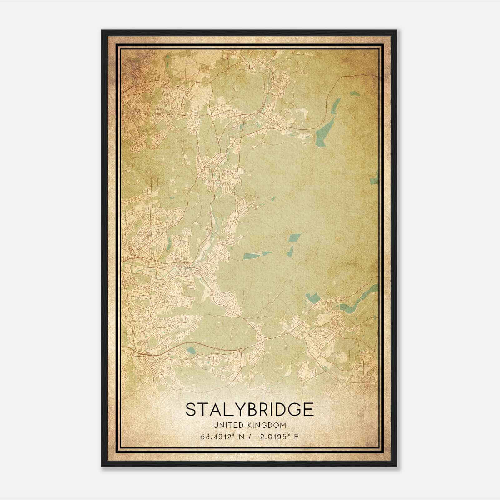 Vintage Stalybridge United Kingdom Map Poster, Stalybridge City Road Wall Art Print