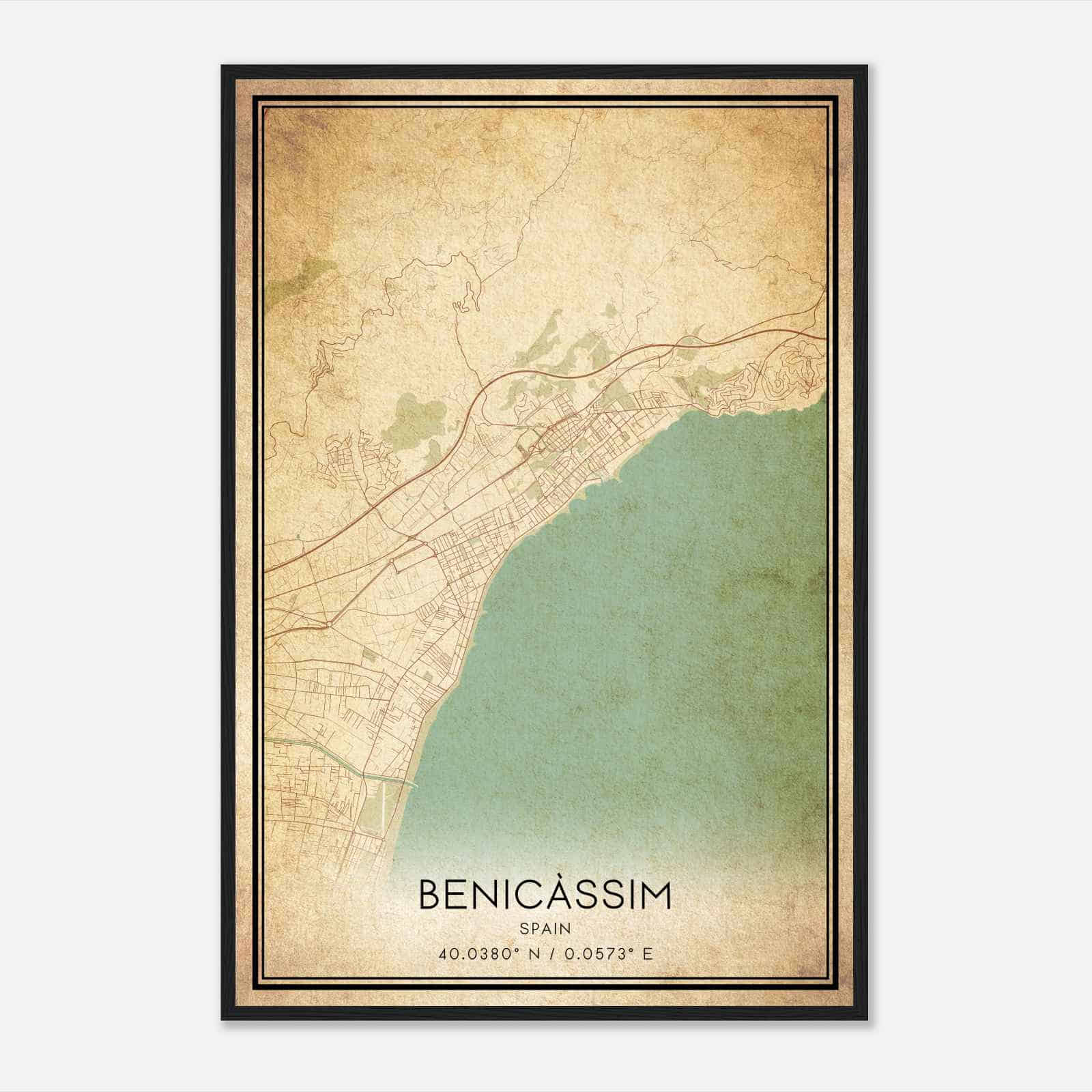 Vintage Benicasim Spain Map Poster, Benicasim City Road Wall Art Print