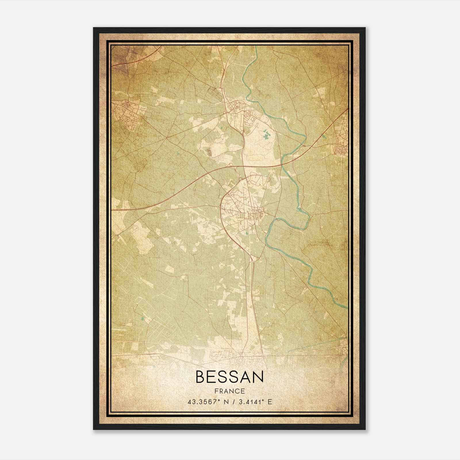 Vintage Bessan France Map Poster, Bessan City Road Wall Art Print