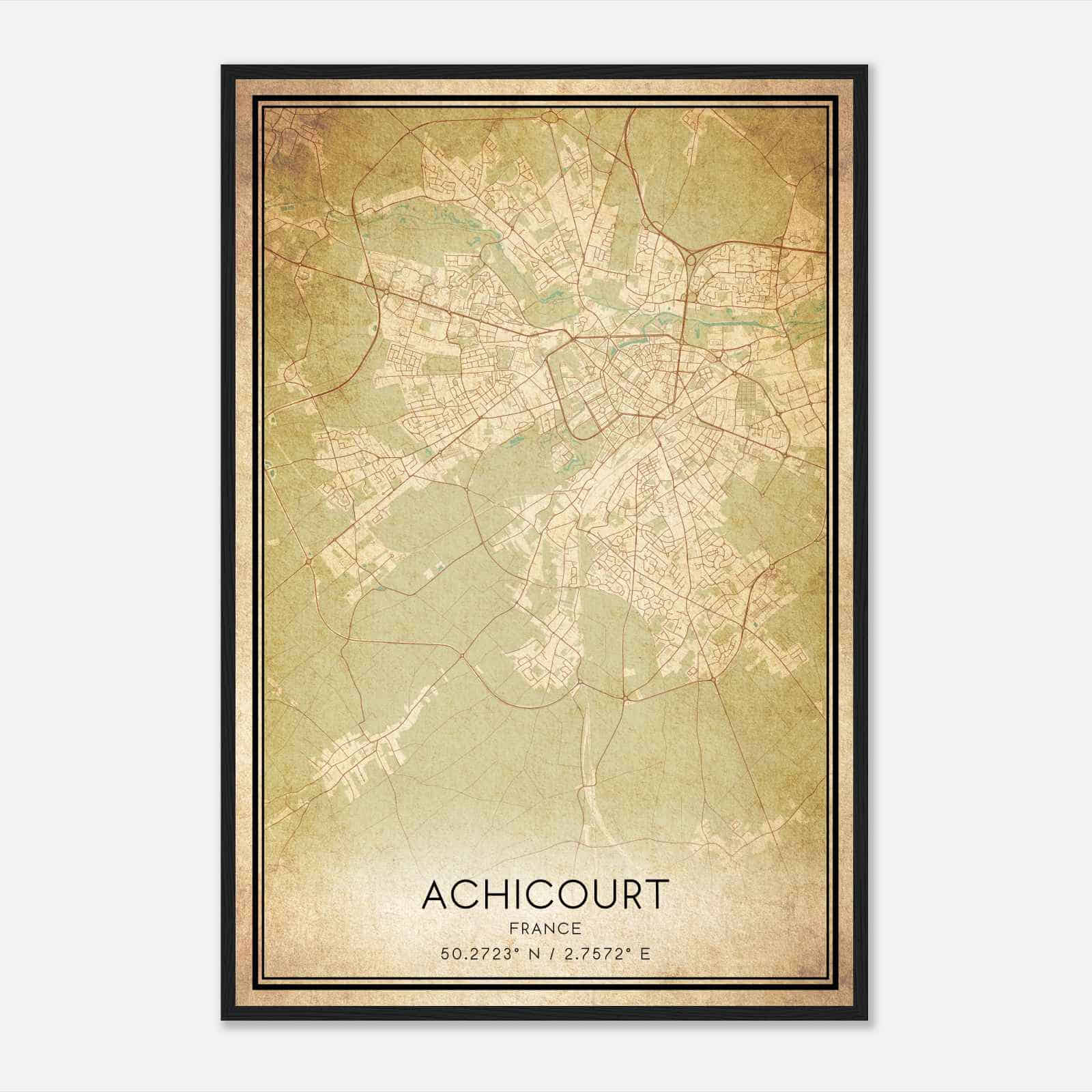 Vintage Achicourt France Map Poster, Achicourt City Road Wall Art Print