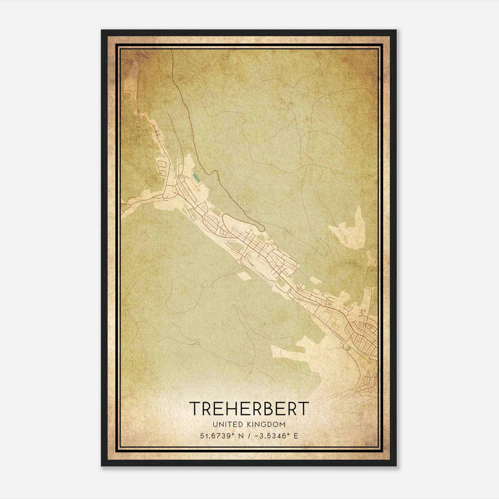 Vintage Treherbert United Kingdom Map Poster, Treherbert City Road Wall Art Print