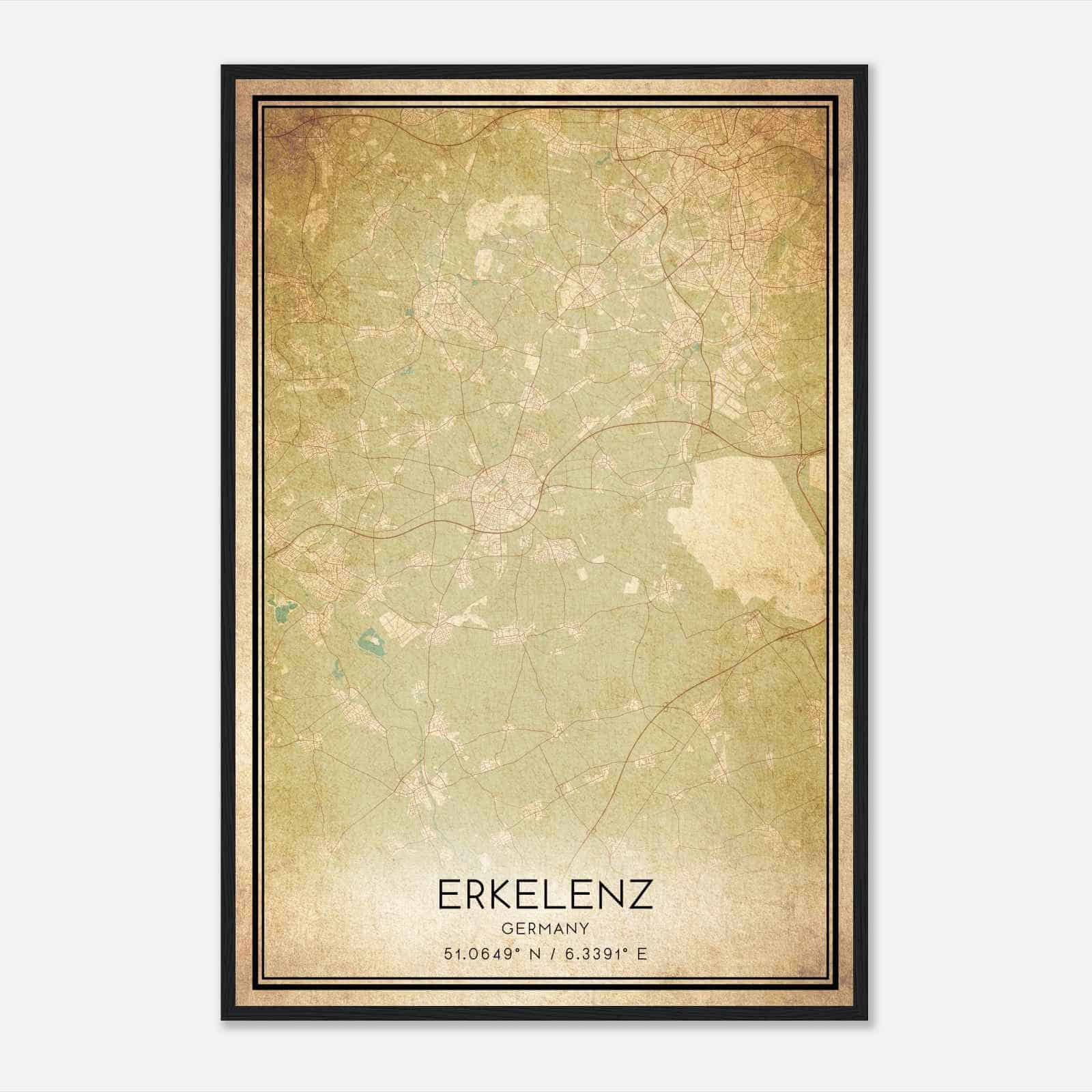Vintage Erkelenz Germany Map Poster, Erkelenz City Road Wall Art Print